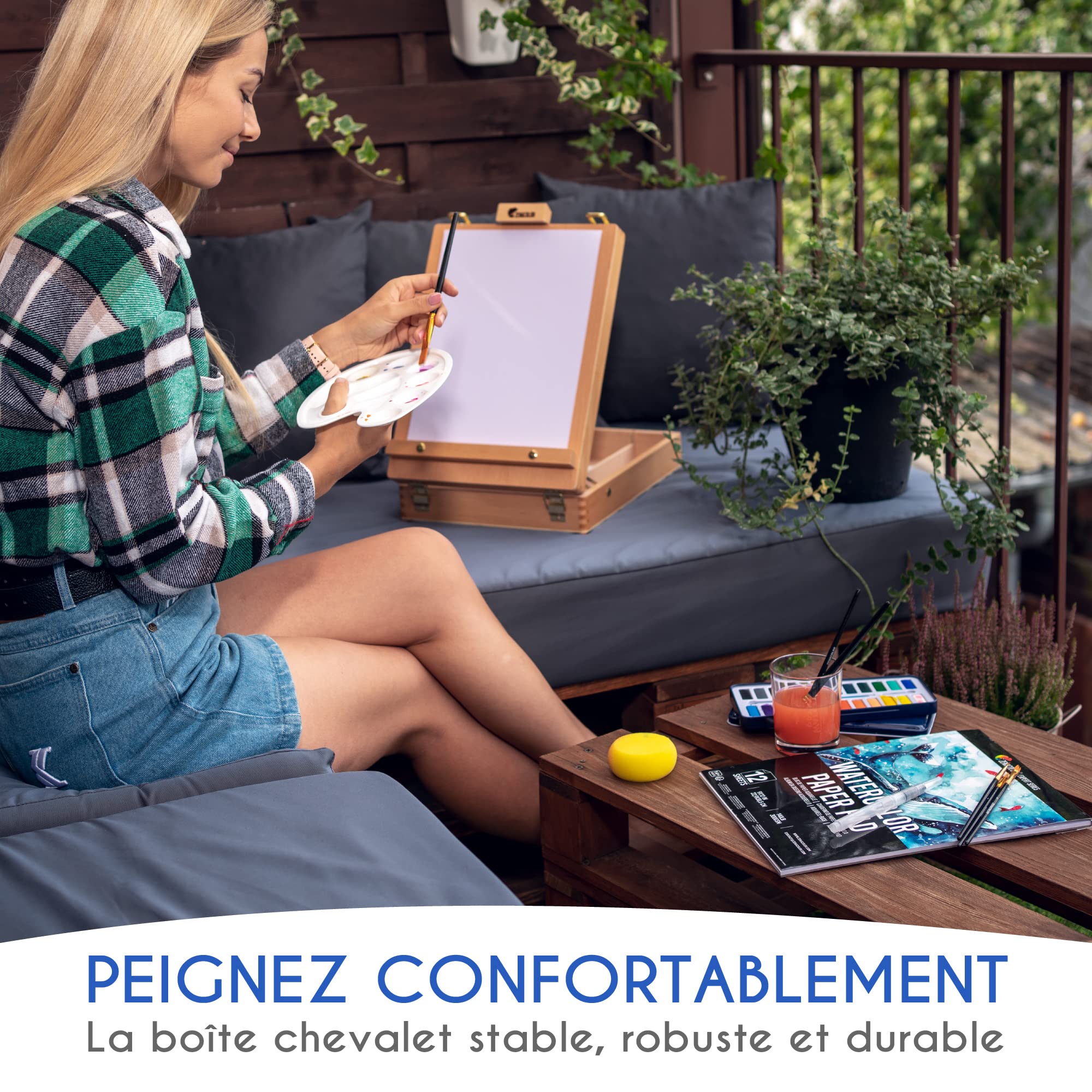 Set de Peinture Aquarelle 36 Pièces - Cadeau Kit d' Aquarelle pour débuter - Boite 2-en-1 Rangement et Chevalet, Palette Aquarelle en Godet 24 couleurs, 6 Pinceaux, 1 Pad (12 feuilles) et Accessoires