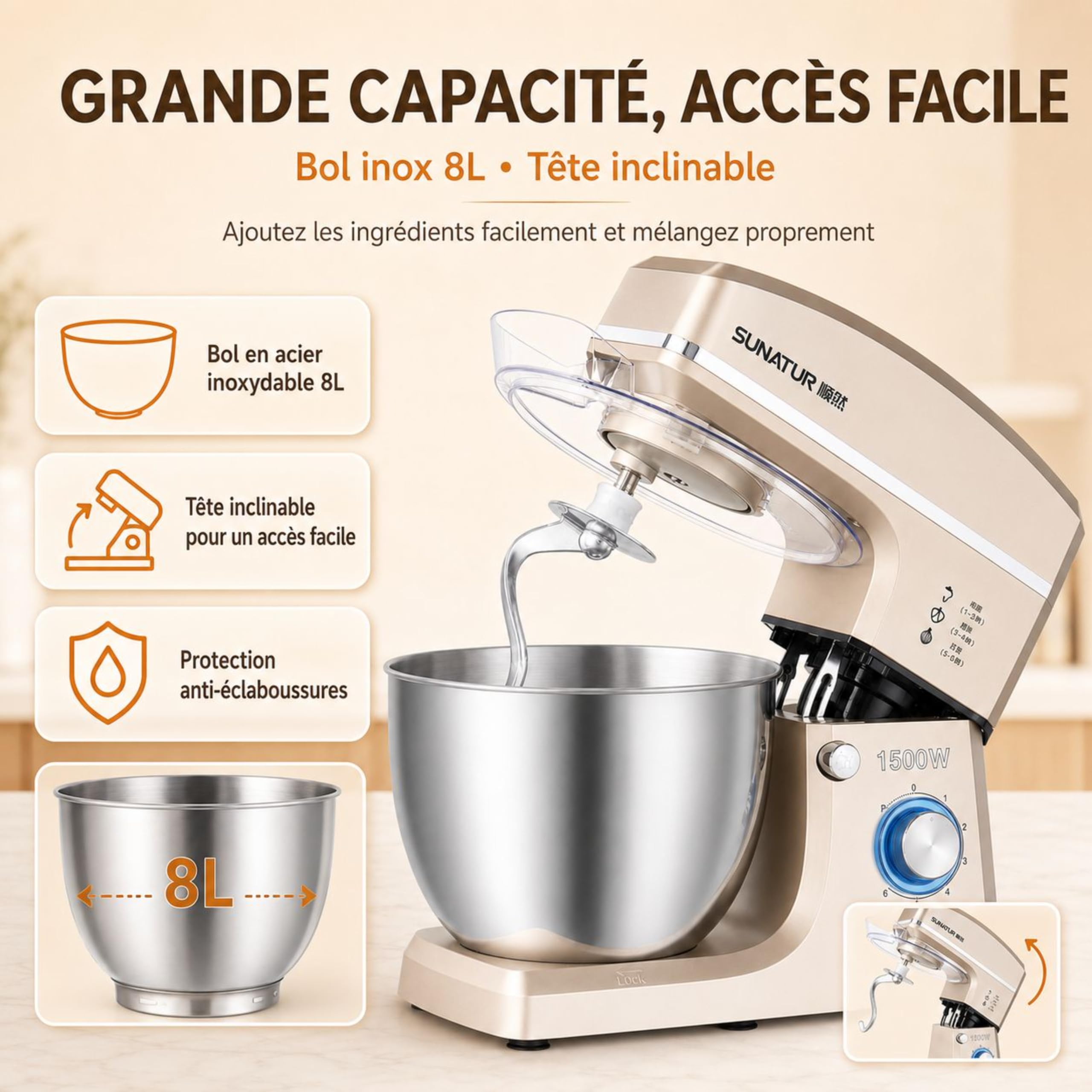 robot pâtissier, 8L, 1500W, 6 vitesses, batteur électrique de cuisine, tête de mixage inclinable et design antidérapant, bol de mixage en acier inoxydable. Livré avec 6 accessoires.