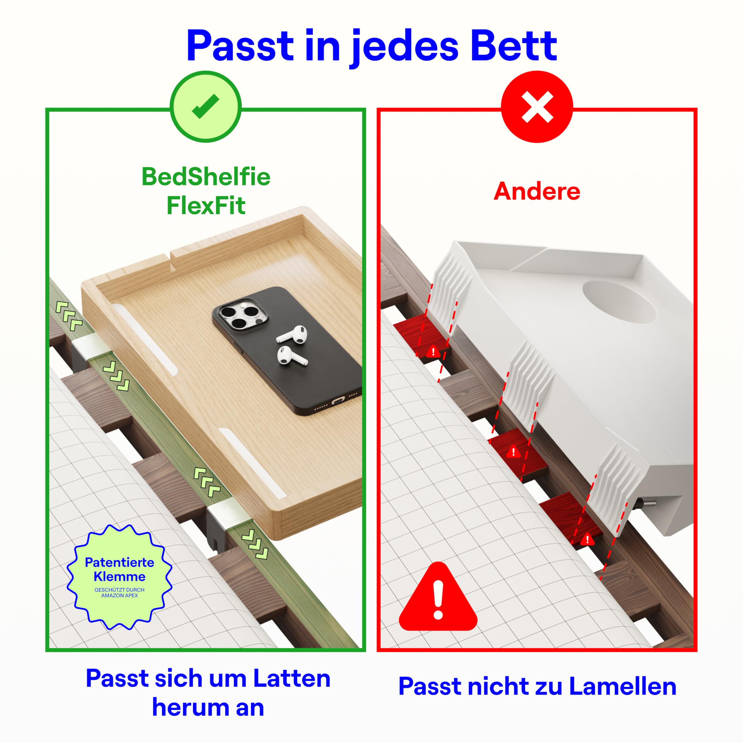 BedShelfie Bettseitiges Nachttischregal für Etagen- & oberes Bett, Studentenwohnheim Essentials, Hochbett-Nachttisch, schwebendes Bettablage-Tablett, Wohnheim-Deko von Smallish - Flexfit Modell, Natur