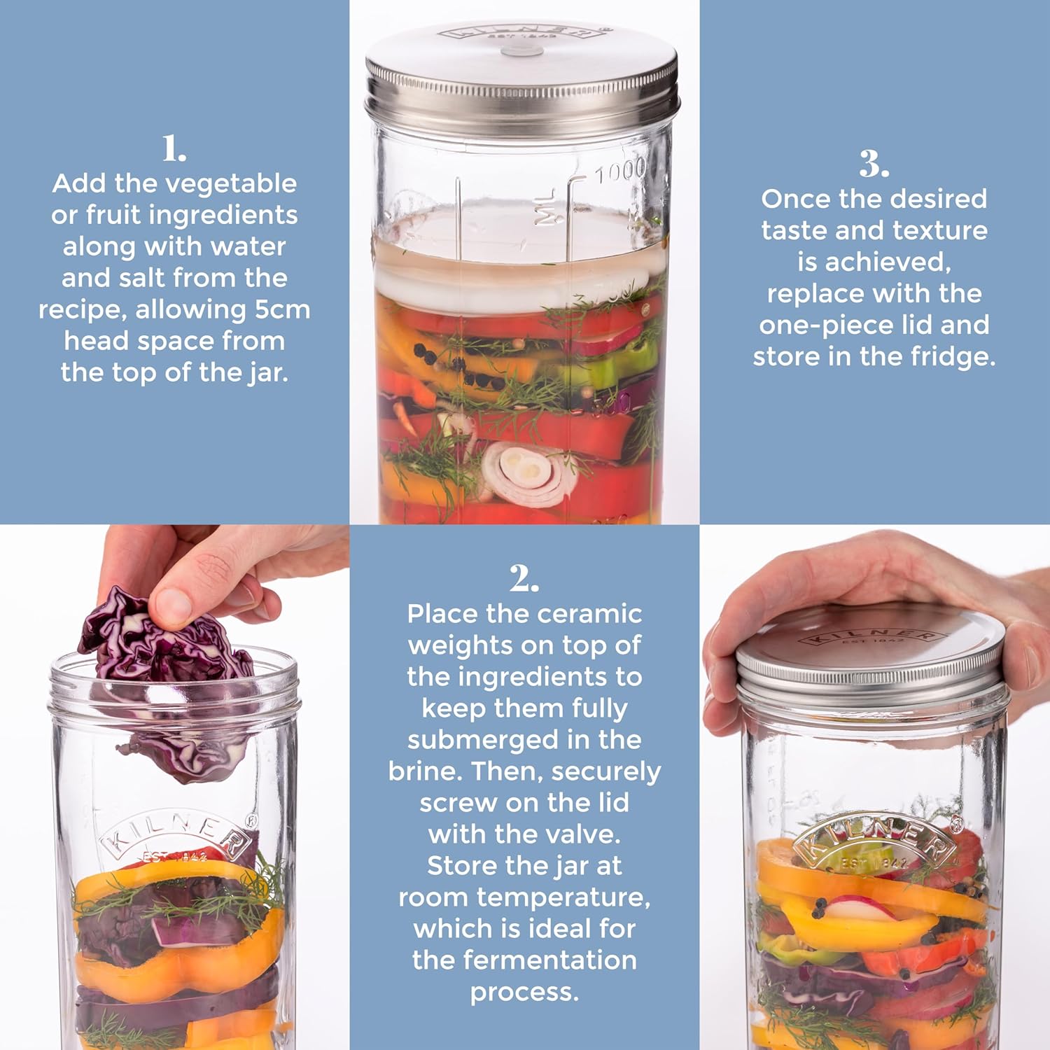 Kilner 1 Litre Fermentation Jar Set Wide Mouth Glass Jar with Silicone Valve Lid, Ceramic Weights & Recipe Booklet, Ideal for Small Batch Fermentation