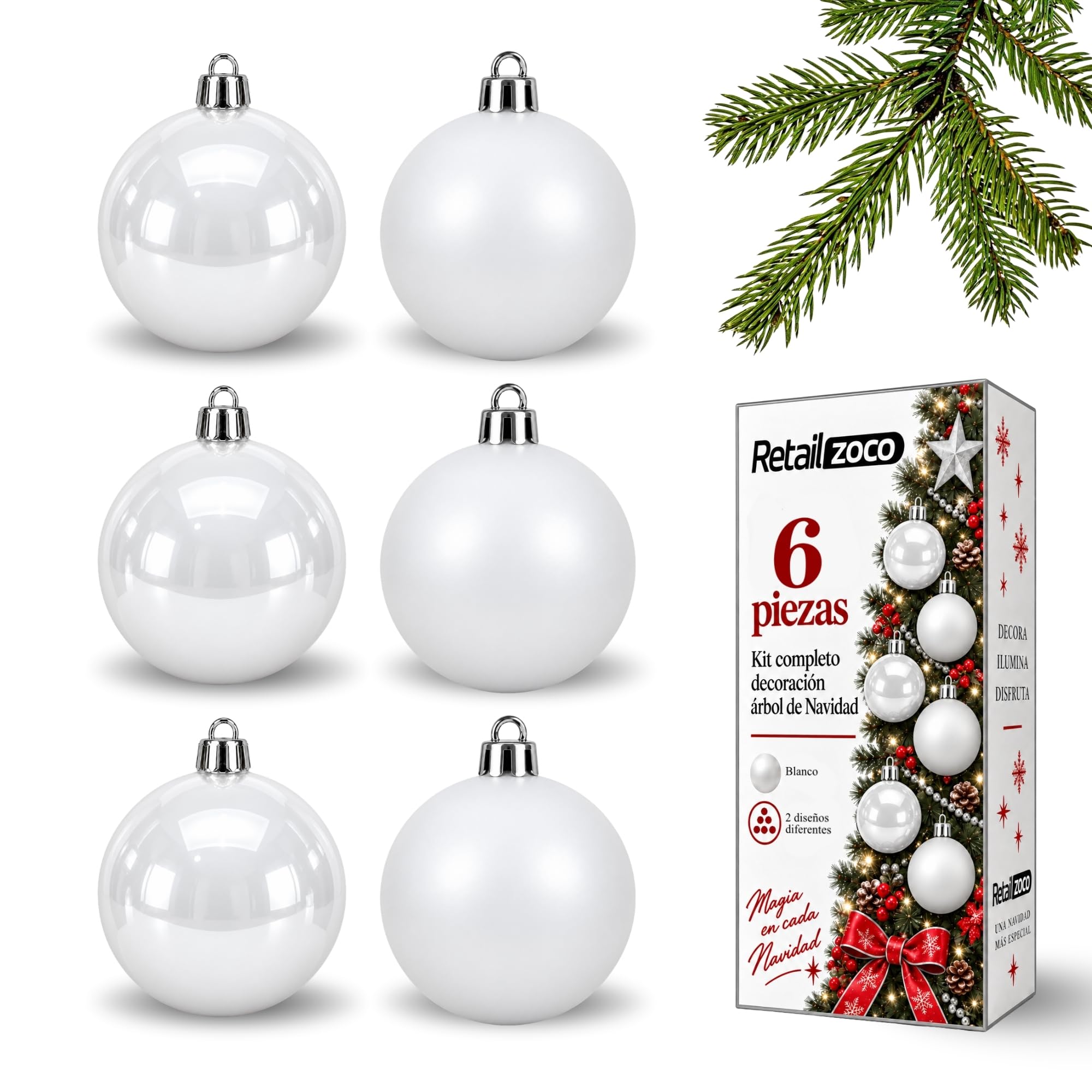 Bolas de Navidad, Adornos Arbol Navidad (Blanco, 6 Piezas) - imagen 1