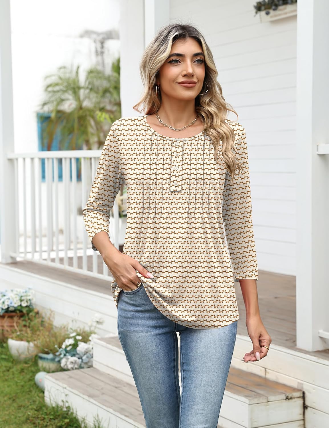 Ivicoer Women's 3/4 Length Sleeve Tops Crewneck Button Pleated Dressy Casual Blouses - Image 6