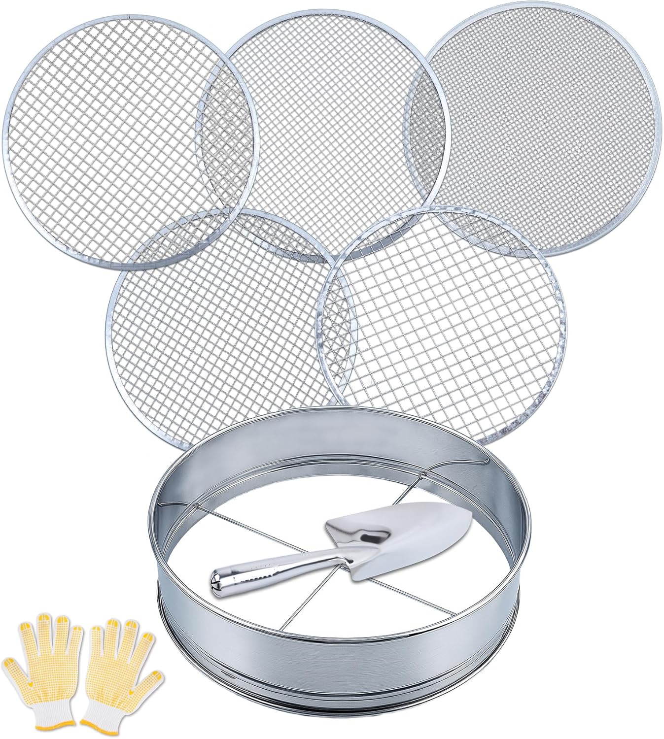 5-in-1 Soil Sifter Set with 5 Replaceable Stainless Steel Mesh Screen & Shovel (1/8" to 1/2"), Soil Sifter for Soils, Compost, Bonsai, Cat Litter and More（11-5/8" Diameter）