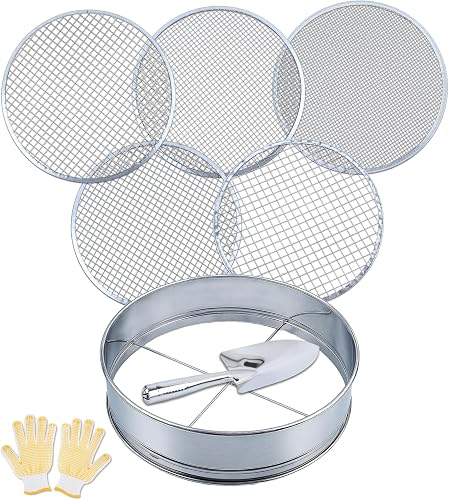 5-in-1 Soil Sifter Set with 5 Replaceable Stainless Steel Mesh Screen & Shovel (1/8" to 1/2"), Soil Sifter for Soils, Compost, Bonsai, Cat Litter and More(11-5/8" Diameter)