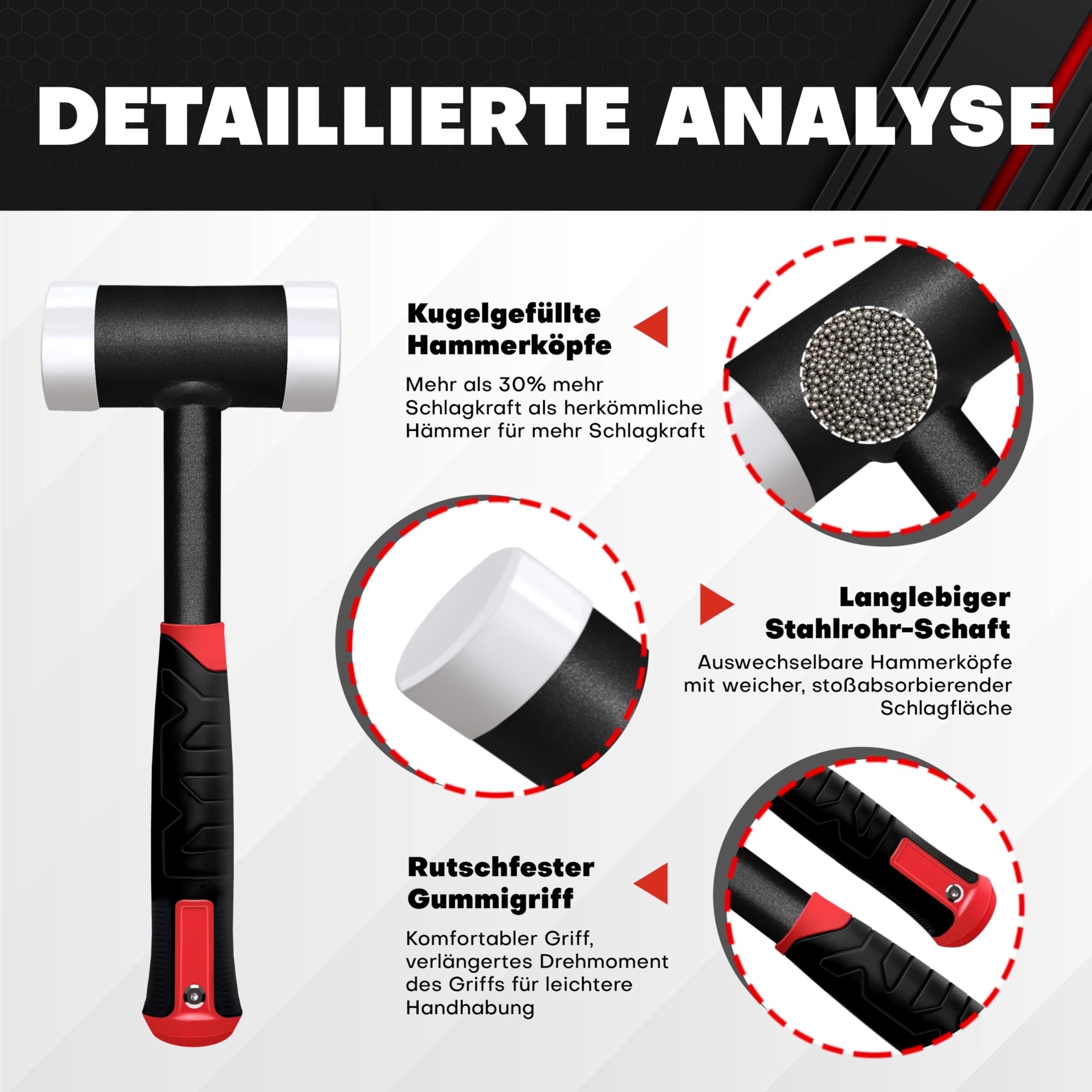 C&T Martello protettivo senza contraccolpo, martello di protezione, diametro 50 mm, manico in acciaio tubolare, teste intercambiabili in poliammide per scopi di manutenzione e montaggio
