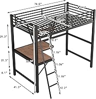 Vista 2 de Cama alta de metal individual con escritorio y estante, cama alta resistente tamaño individual con escaleras, barandilla de seguridad