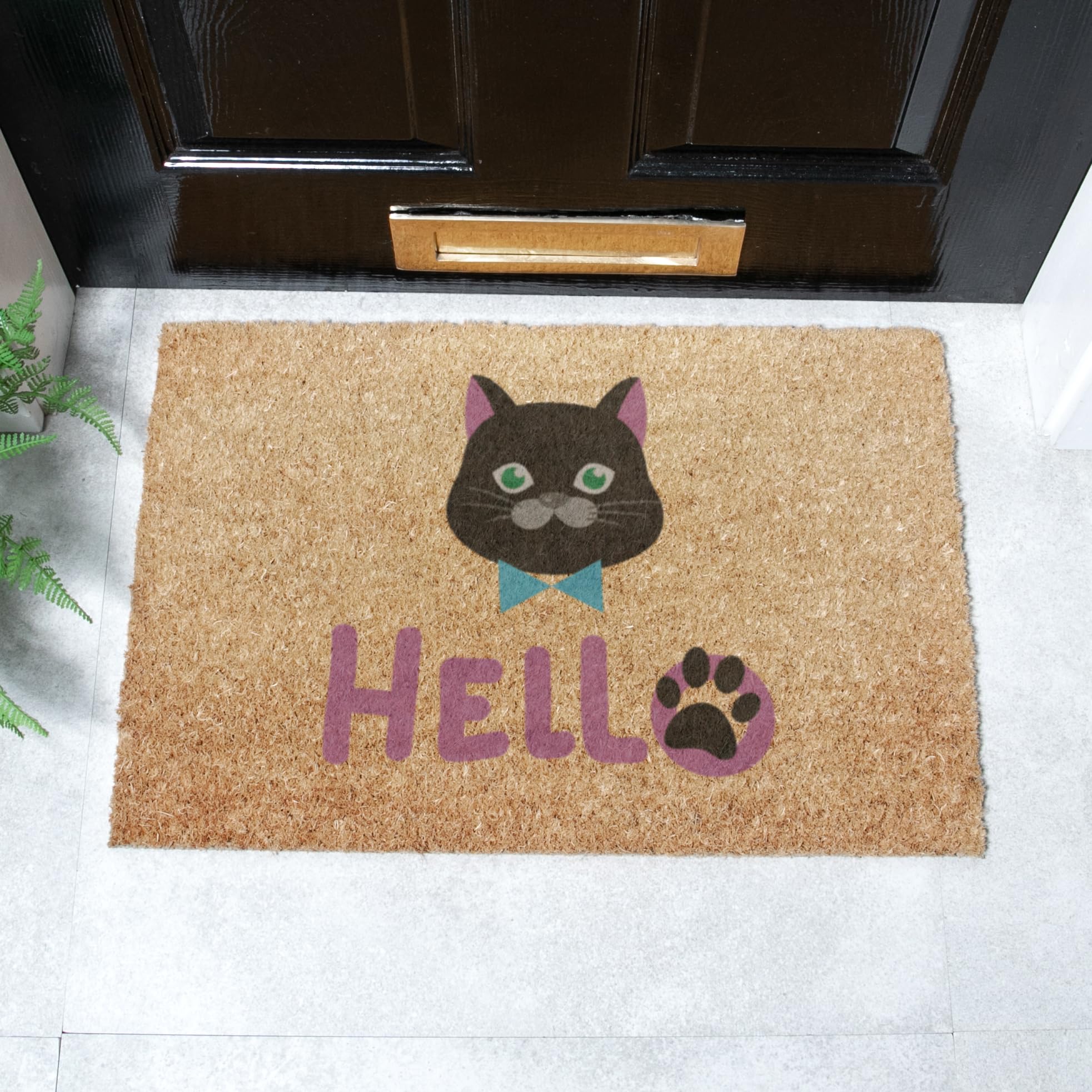 Artsy Mats - Hello Cat Doormat - Made from Tufted Coconut Fibre - Non-Slip Natural Rubber Backed Door Mats Indoor - Heavy Duty, Decorative Outdoor Mats (60x40cm)