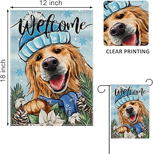 Miniatura 2 de Covido Bandera decorativa de jardín con diseño de perro Golden Retriever de bienvenida, cono de pino para cachorros, decoración exterior de patio