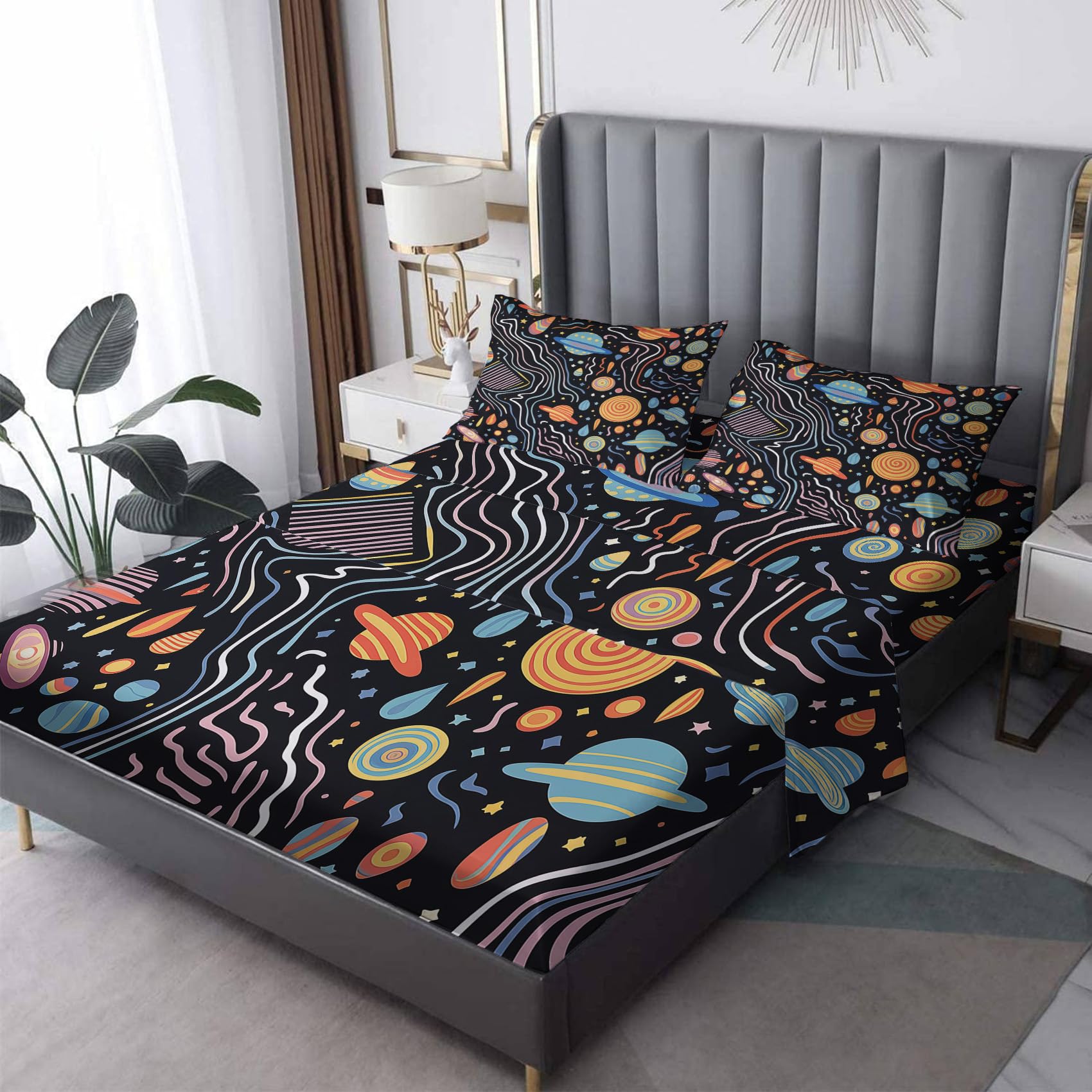 Zvynqour Galaxy Bed Sheets Full Size - Abstract Cosmic Sheet Set - Deep Pocket Fitted Sheets & Flat Sheet & Pillowcases 4 Piece - Optical Illusion Bedding & Decor - Soft Brushed Microfibe