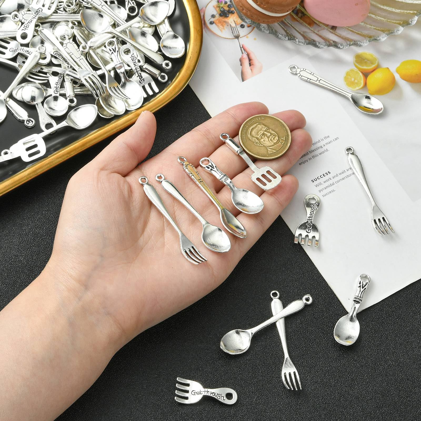 UR URLIFEHALL 70 Pcs 7 Styles Tibetan Tableware Charms Antique Silver Fork Spoon Charms for Jewellery Making Table Kitchen Crafts Decortive - Image 4