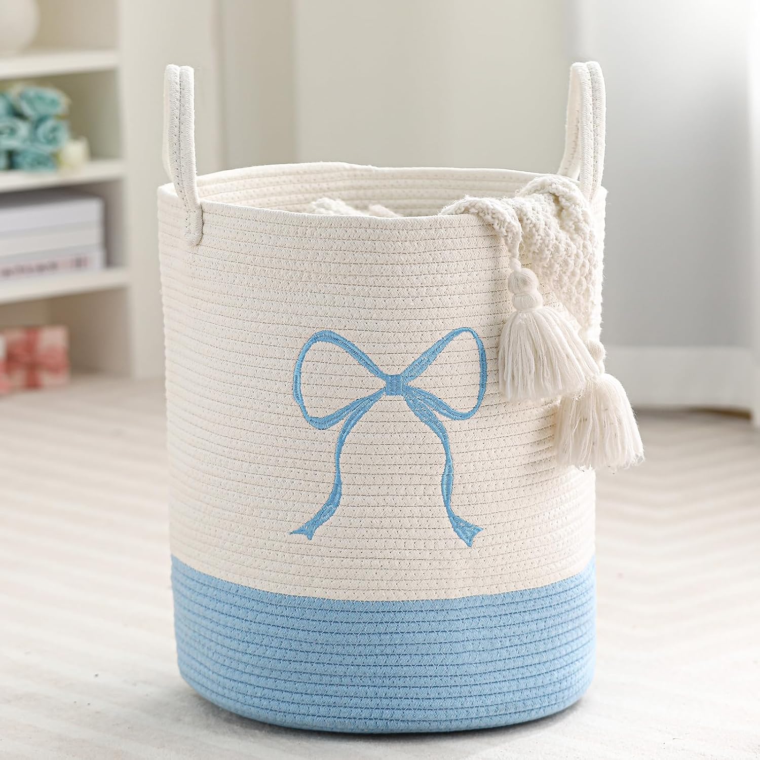 Honeydak Pink Bow Laundry Hamper Coquette Bow Tall Cotton Rope Laundry Basket Large Pink Girly Nursery Basket Storage for Blanket Toys Clothes Organization in Bedroom Bathroom(17.7 x 15 Inches)