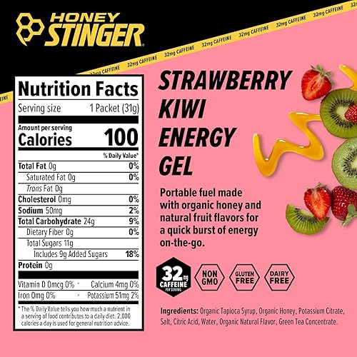 Miniatura 2 de Honey Stinger Gel energético orgánico, fresa y kiwi, sin gluten, sin cafeína, miel orgánica, ejercicio previo y medio, correr y rendimiento,