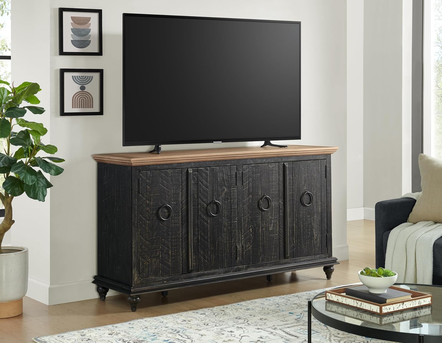 Martin Svensson Home Garden District Black with Driftwood Top Solid Wood 65" TV Stand