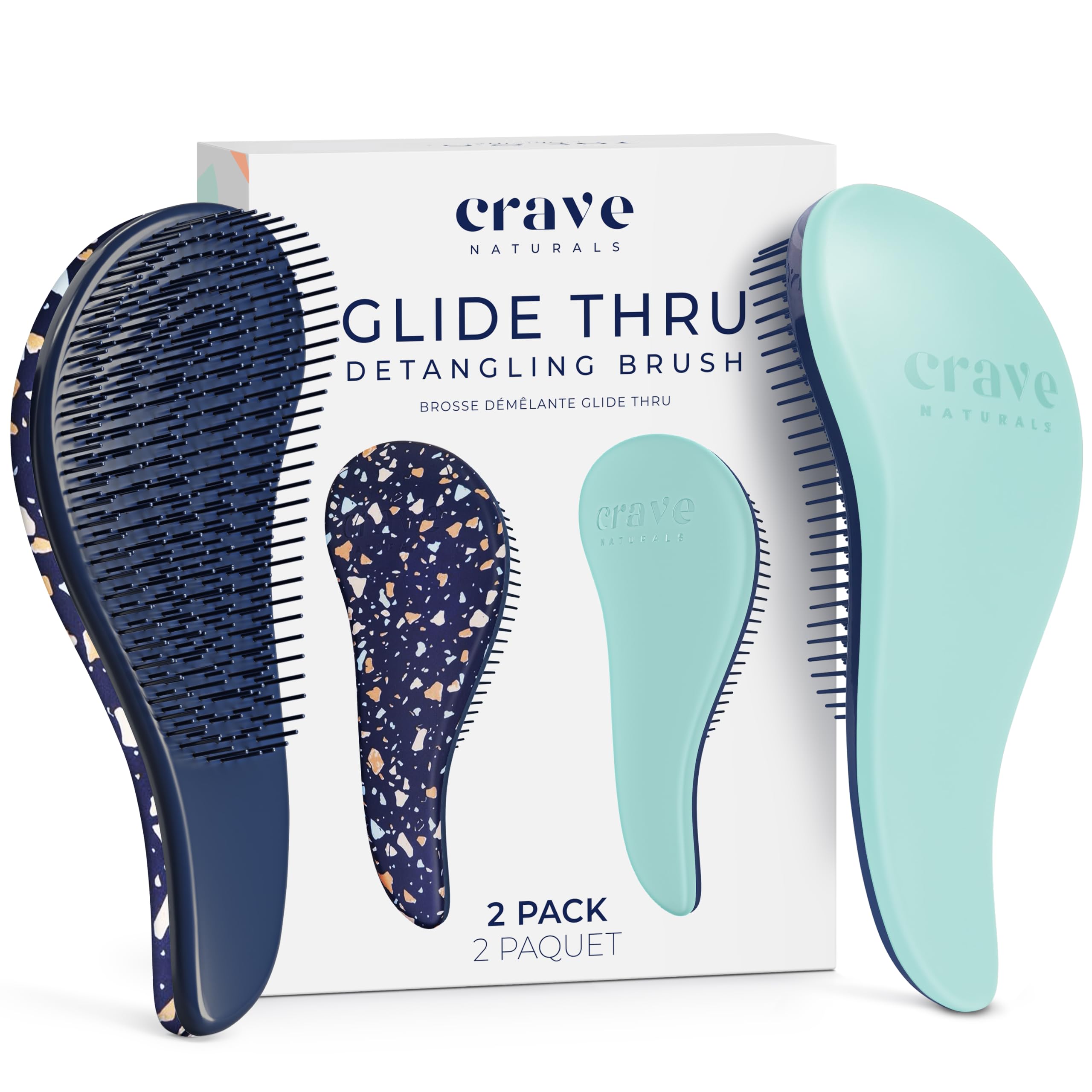 Crave Naturals Glide Thru Detangling Hair Brushes for Women - Detangler Brush for Curly or Straight, Wet or Dry Hair - Gentle on Tangles Comb - 7.5x3-Inch, Turquoise and Terrazzo (Pack of 2)