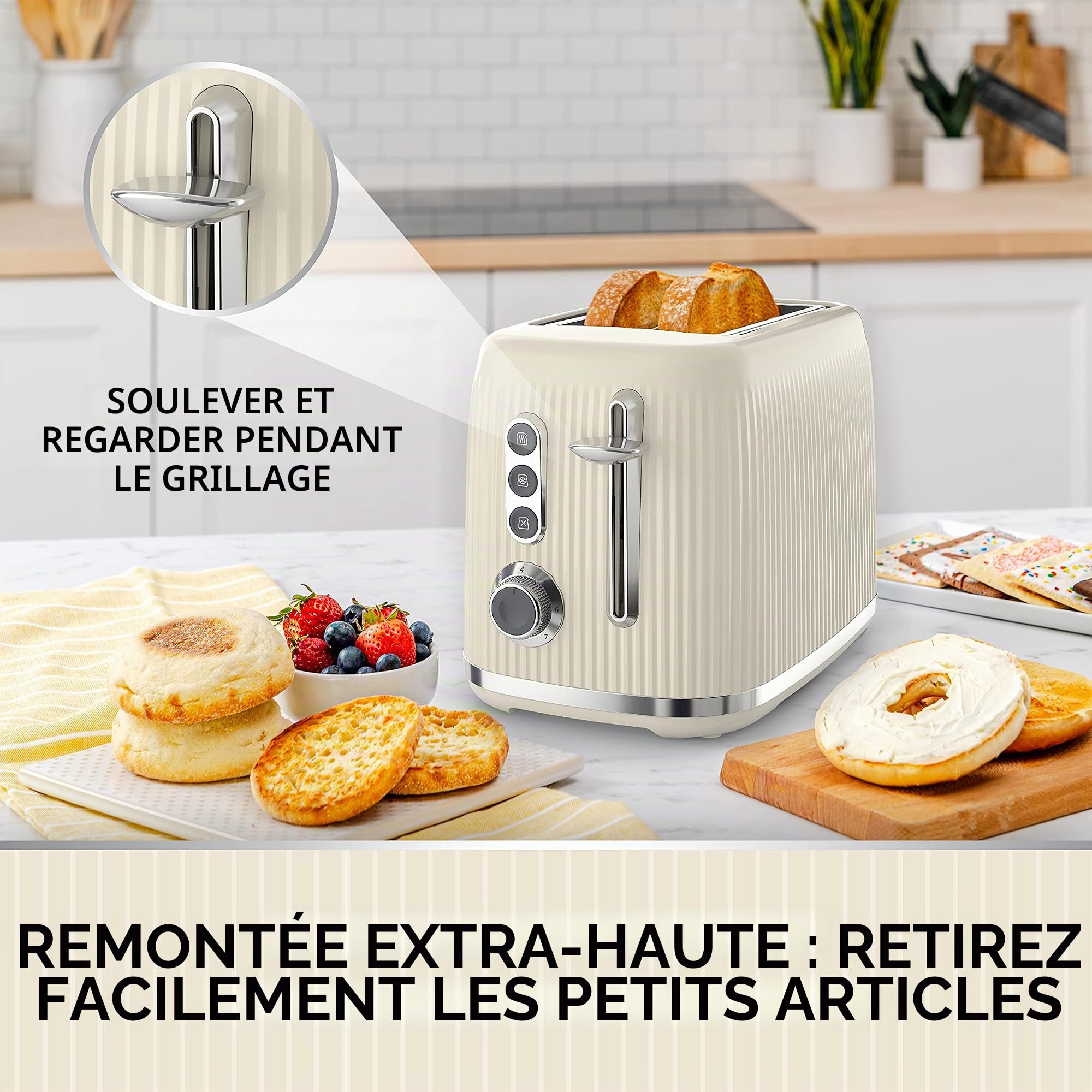 Breville Grille-pain audacieux à 2 tranches crème vanille avec fentes hautes et larges | Crème et Chrome Argenté [VTR003