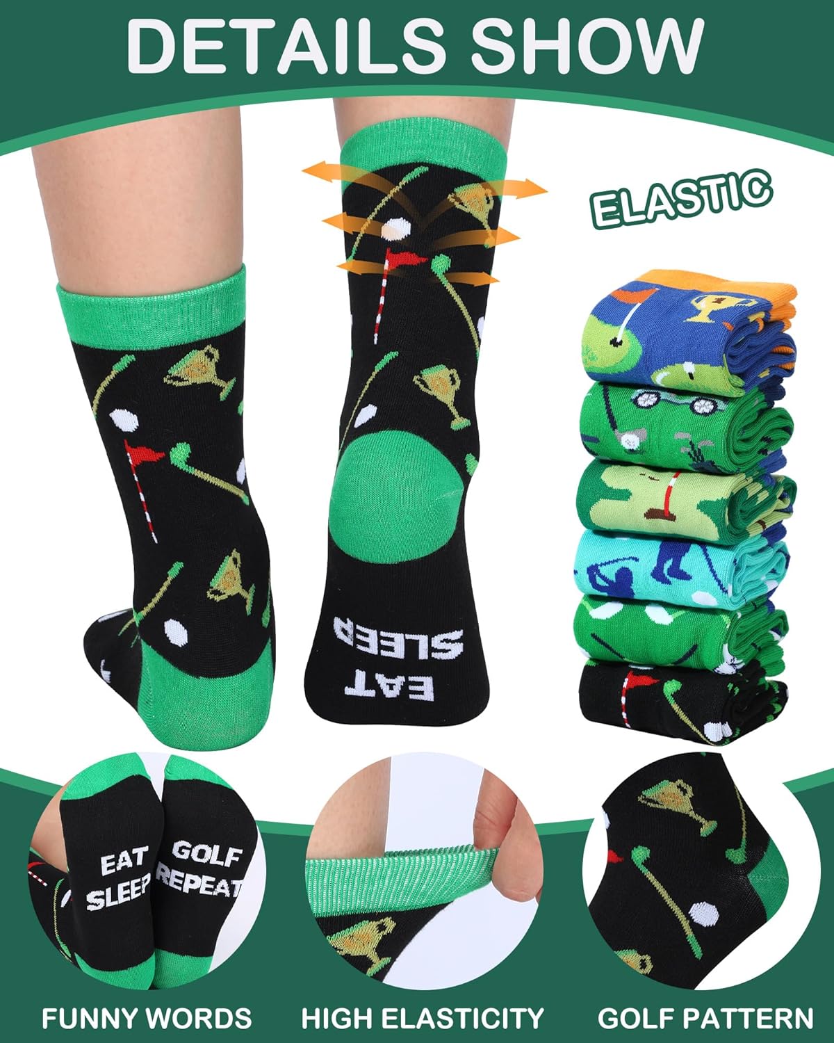 6 Pairs Golf Socks for Youth Teen Funny Sports Golf Gift Novelty Crazy Funky Dress Crew Socks Gifts for Golfer Outdoorsman Hunting Running Lovers, Size 7-10 - Image 2