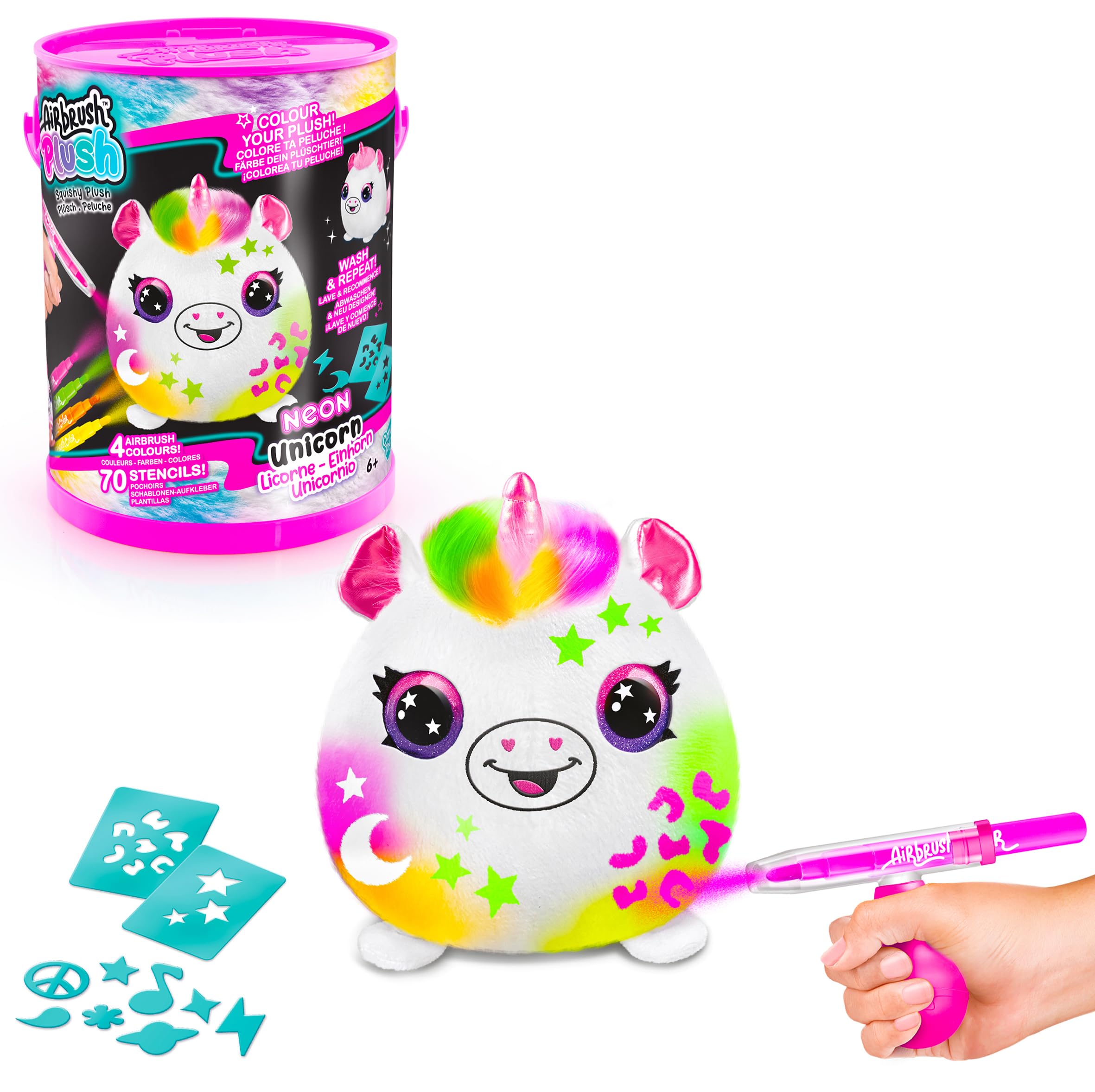 Airbrush Plush Neon Bucket - Reusable Custom Plush Toy Craft Kit for Kids - Includes 4 Washable Chalk Markers, Airbrush Tool & Stencils - Decorate Squishy Plush Over & Over Again!