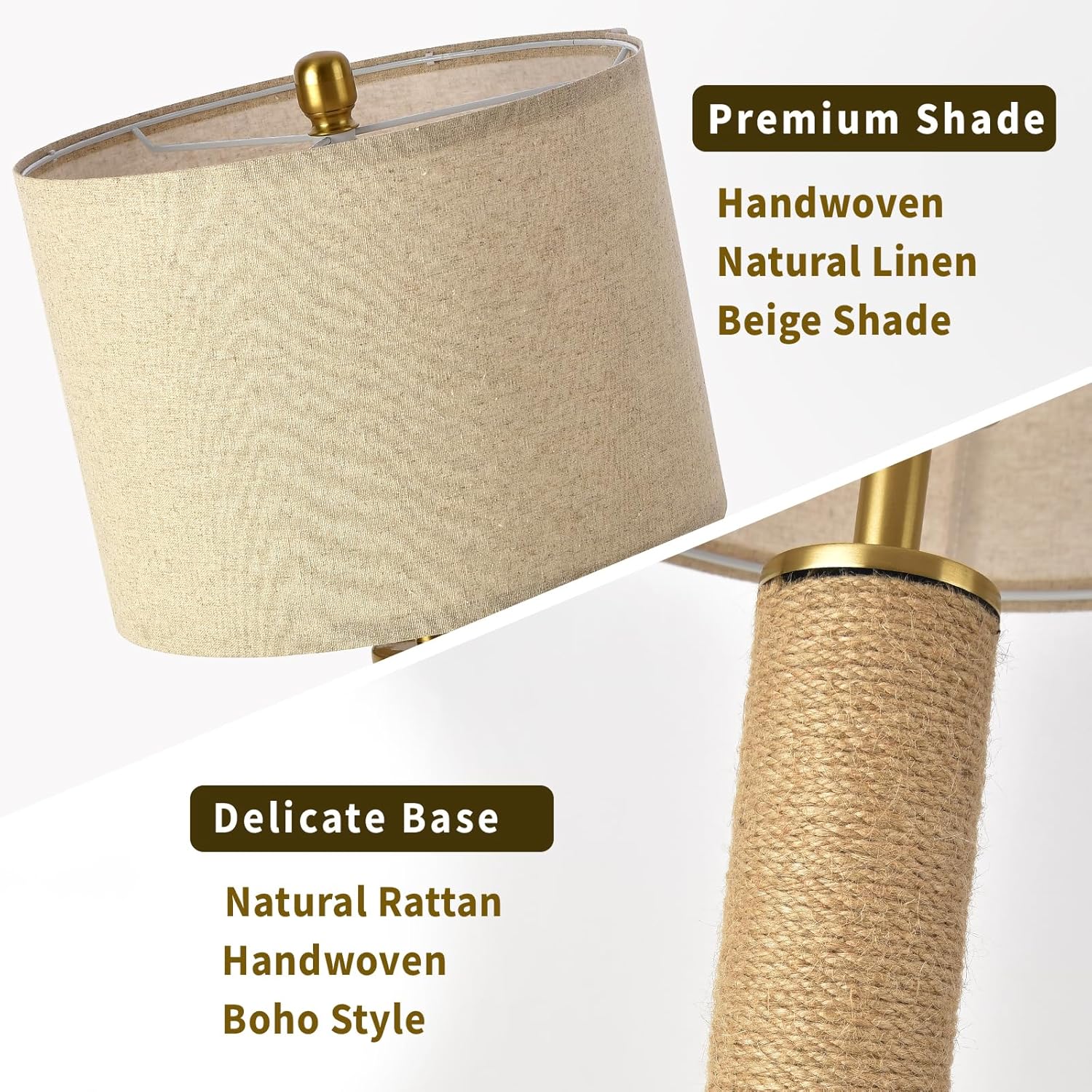 Boho Table Lamp for Bedroom, Brass Gold Wicker Table Lamp, Suitable for Small Space, Farmhouse Boho Lamp, Rustic Design Desk Lamp for Kitchen Counter, Bedside, Bedroom, Nightstands Decor