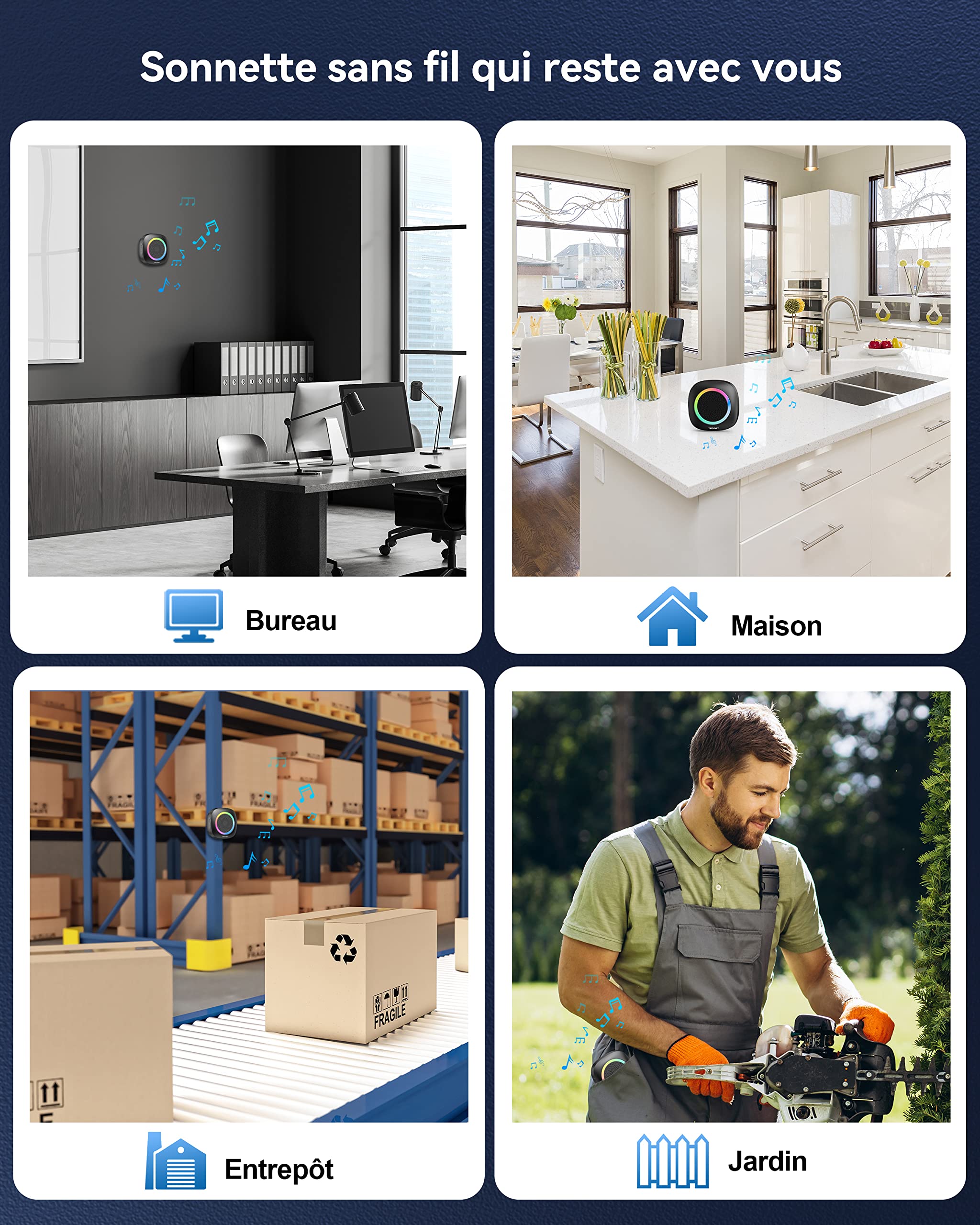 TECKNET Sonnette sans Fil Exterieur Etanche, 400M IP66 Étanche Sonnette sans Fil avec Pile, 3 Récepteur avec Lumière RVB, 60 Mélodies et 5 Niveaux, Carillon sans Fil pour Maison, Hôtel, Urgence, Noir