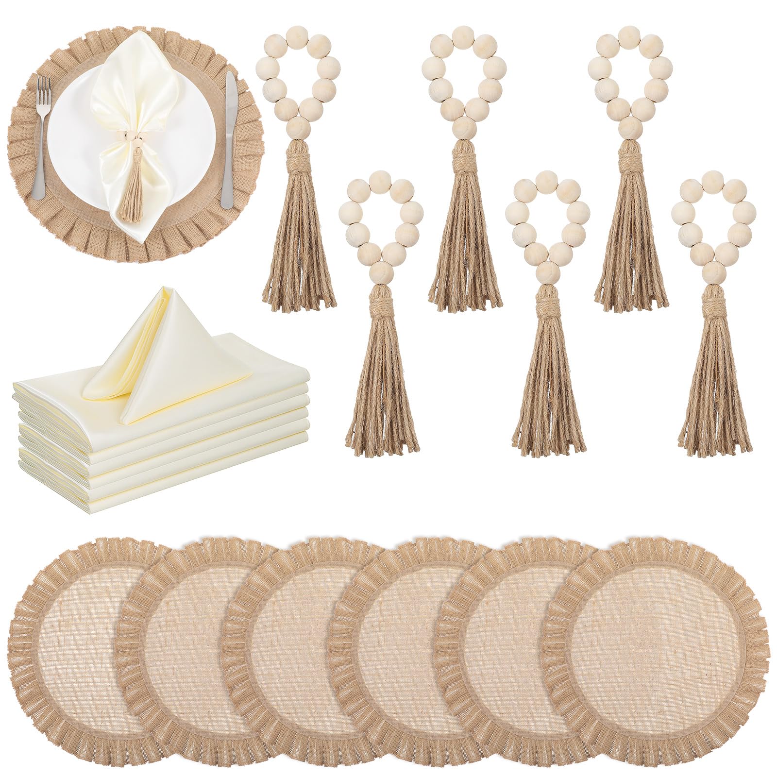 Photo 1 of 18 Pcs Round Natural Burlap Placemats, Wooden Bead Napkin Rings with Cloth Dinner Napkins, Heat Resistant Jute Placemat Set Boho for Wedding Dining Table Decor