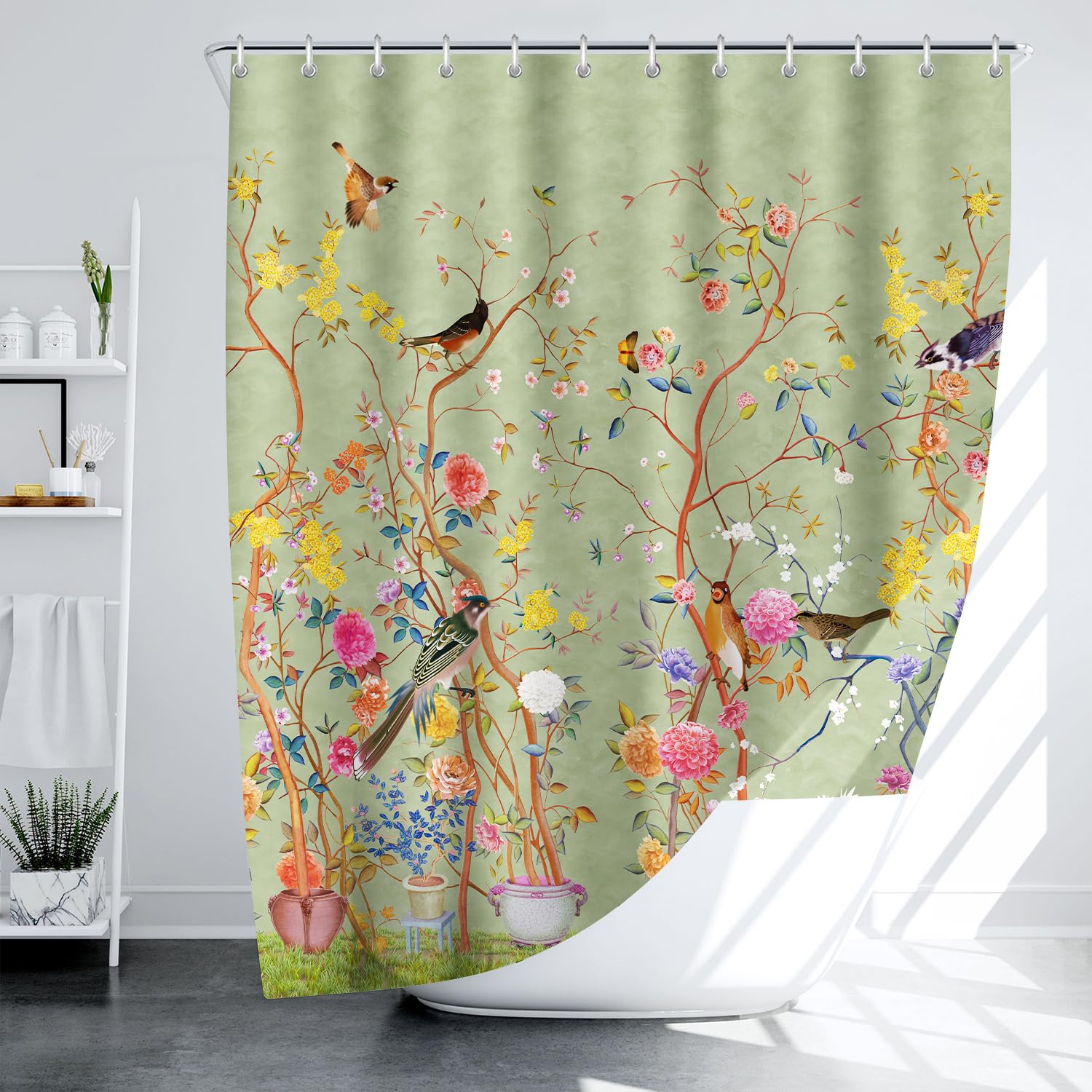 LIVETTY Shower Curtain 200×200cm Extra Long Shower Curtain Green Floral Fabric curtain for Bathroom Mould Proof Washable Shower Curtains With 12 Hooks - Image 2