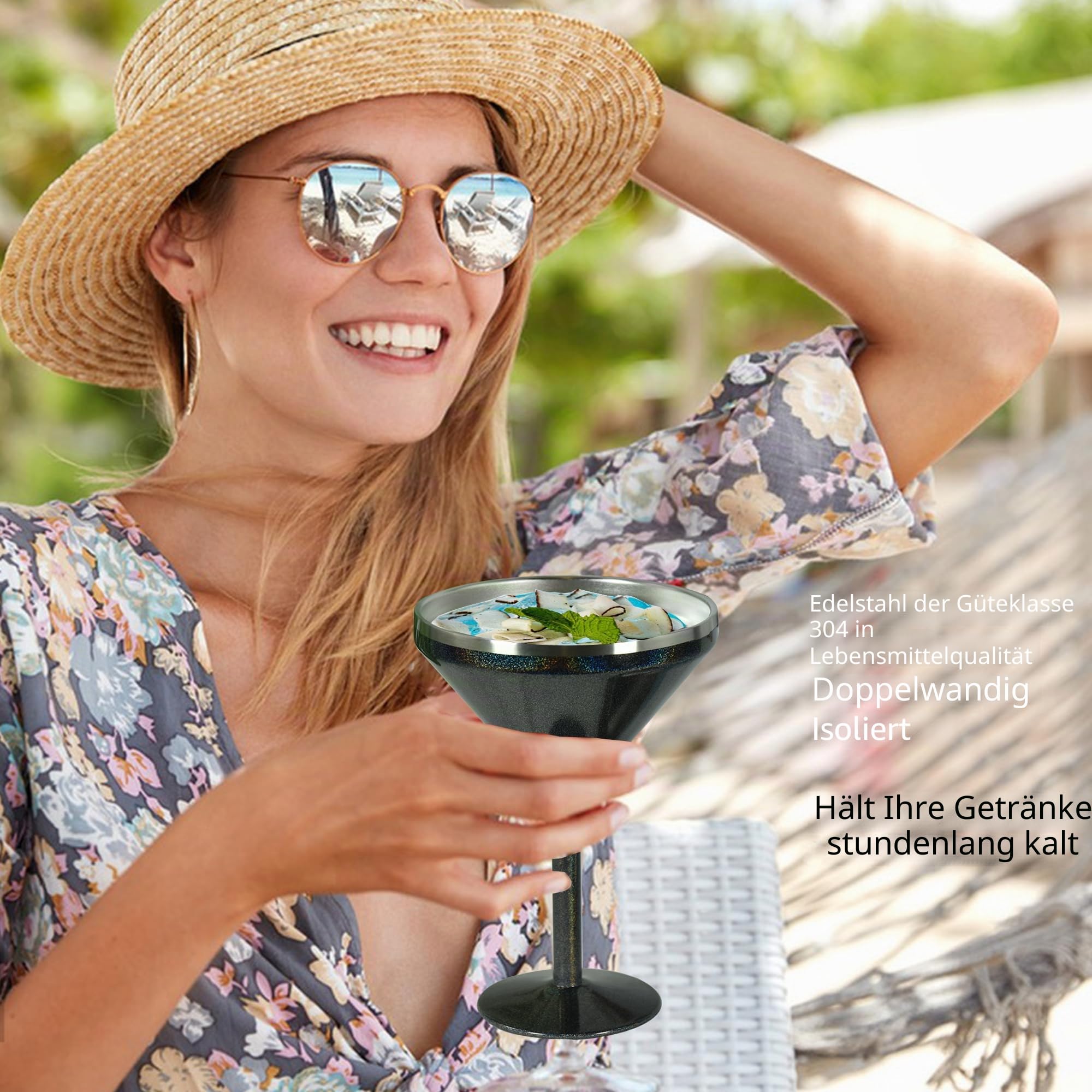 AGH Martini-Becher aus Edelstahl mit Deckel, 284 ml, isolierter Margarita-Becher, doppelwandig, Vakuum-Cocktailbecher, Weingläser für Party, Urlaub, Pool, Strand und Terrasse, 2 Stück (Glitzerfarbe