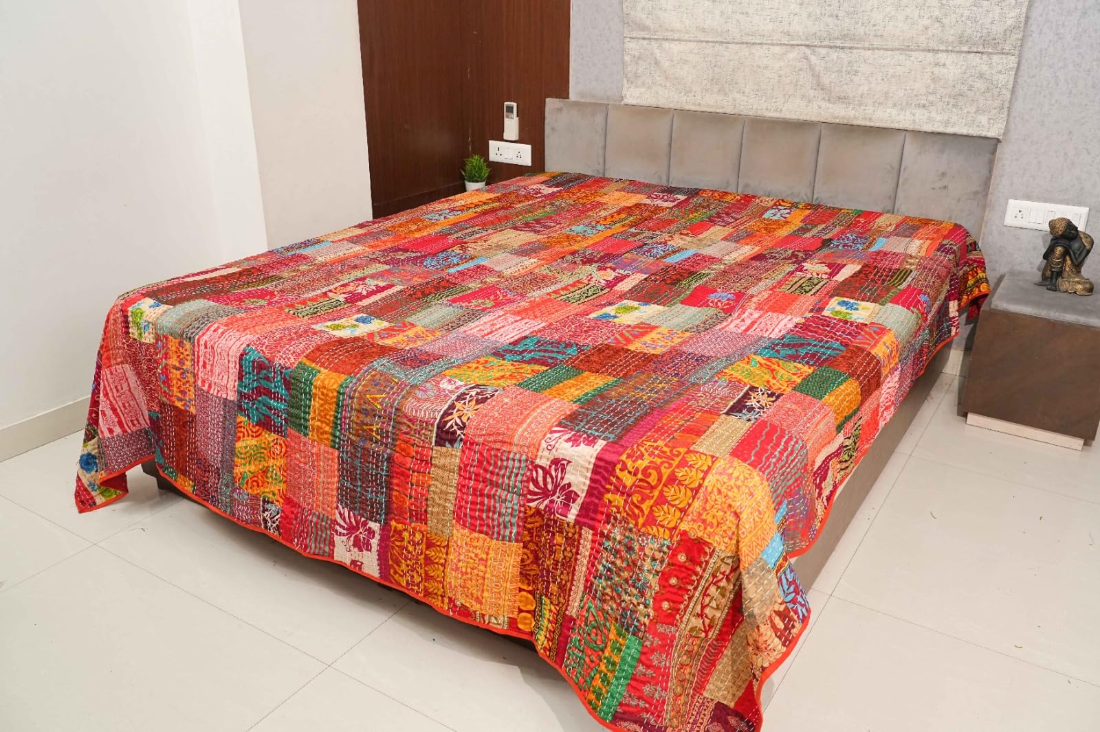 Handmade Vintage Kantha Patchwork Patola Silk Bedspread, Multicolor Floral Pattern, Double King Size, Traditional Indian Quilt