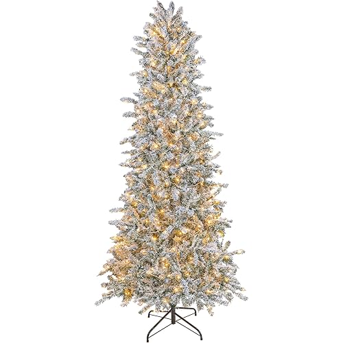 Flocked Christmas Tree 6ft Pre-lit Artificial Snow Design Pine Tree with Warm White Lights, White Fake Xmas Tree with Foldable Metal Stand, Easy Assembly Artificial Tree for Home, Office Decoration