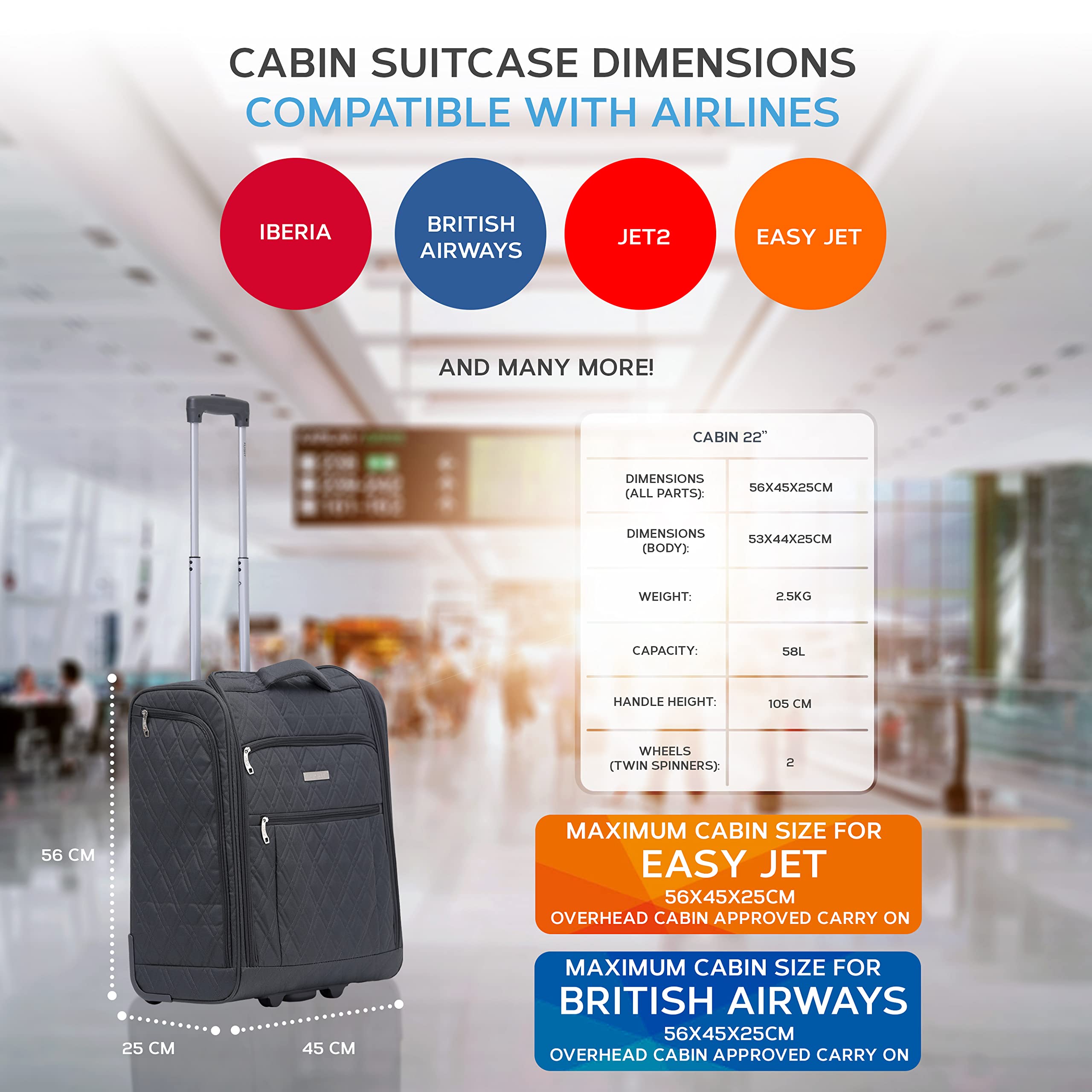 Flight Knight 56 x45x25cm easyJet & Air France Grand Bagage A Main Approuve Et Teste Taille Maximale - 2 Roues - Valise De Cabine en Textile Ultra Legere Et Durable