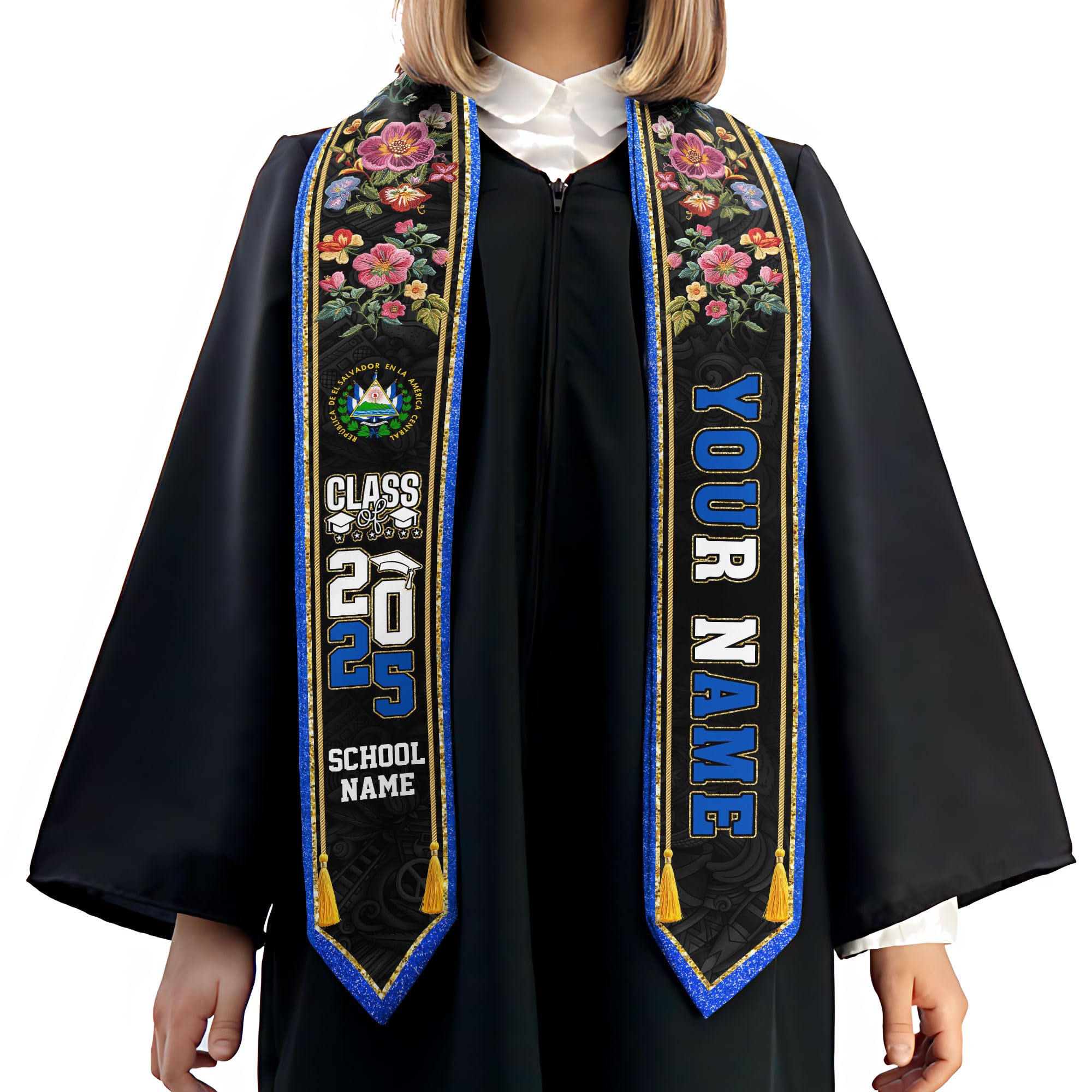 MonkeyVan Custom Salvadoran Graduation Stole 2025,Personalized El Salvador Flag Graduation Sash,Salvadoran American Stole S30