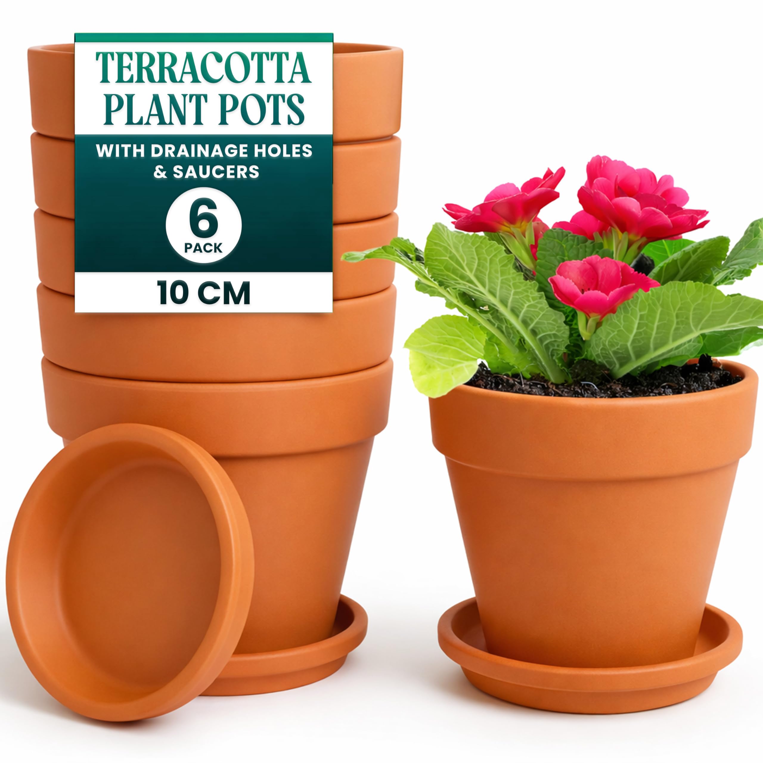 Green Thumbz Brown Clay Pots For Plants With Saucer - 10Cm X 6 Pack Large Terracotta Plant Pots With Drainage Hole, Ceramic Pots For Plants For Indoor/Outdoor Use