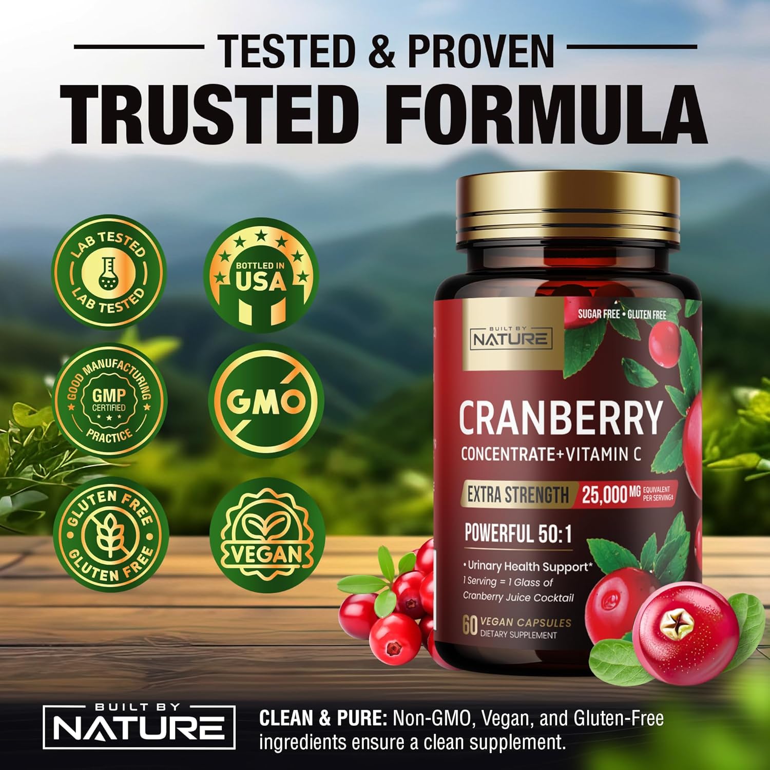 Built by Nature Cranberry Pills 25,000mg - Extra Strength 50:1 Concentrate Extract with Vitamin C - Urinary Tract Health Supplement for Women - Non-GMO, Sugar Free, Vegan - 60 Capsules - Image 8