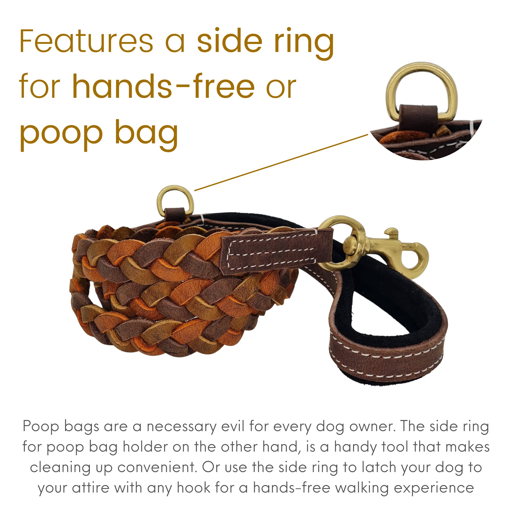 Blazing Paws Vibrania - Correa de perro de cuero envejecido de alta calidad con anillo lateral, trenzado completo, para perros activos y grandes (6 pies de largo x 1 pulgada de ancho, mezcla marrón)