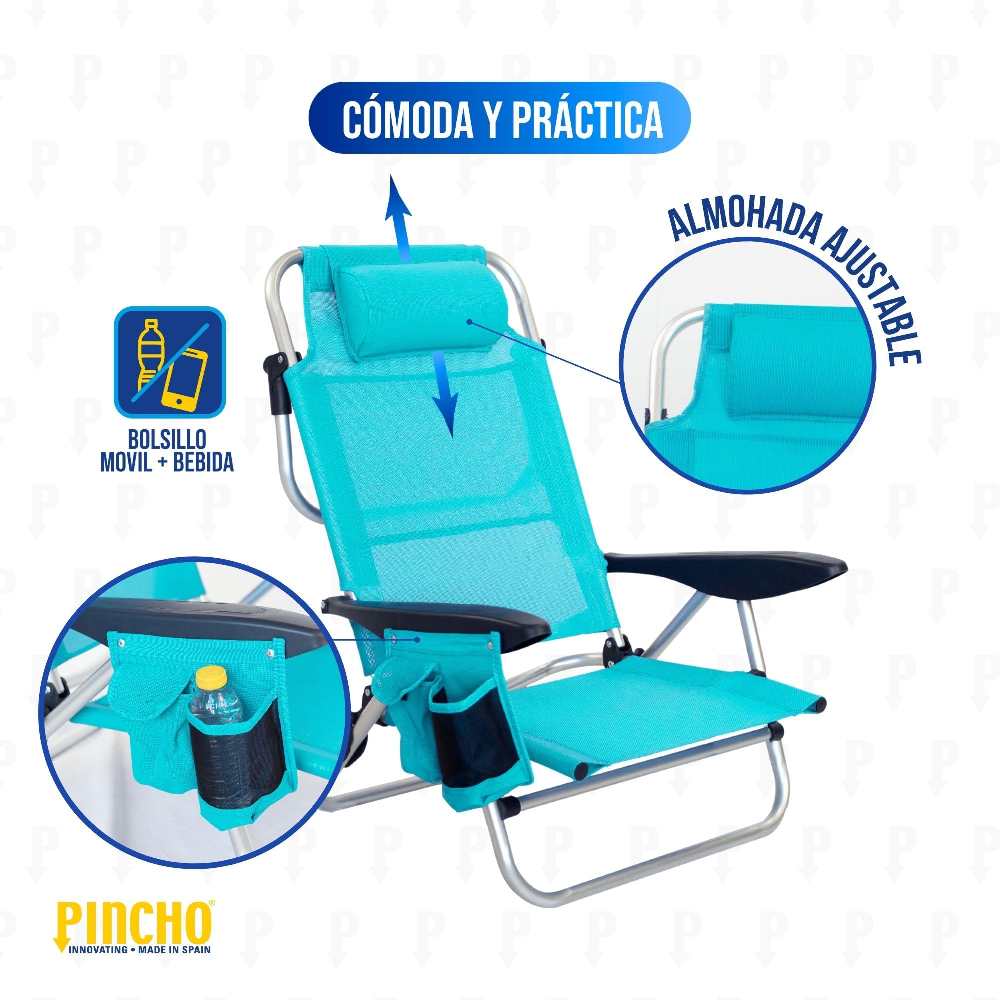 Pincho Silla de Playa Plegable 4 Posiciones Plegable con Cojin Ajustable y Bolsillos Portaobjetos Estructura de Aluminio Tejido Transpirable Resistente hasta 110 kg