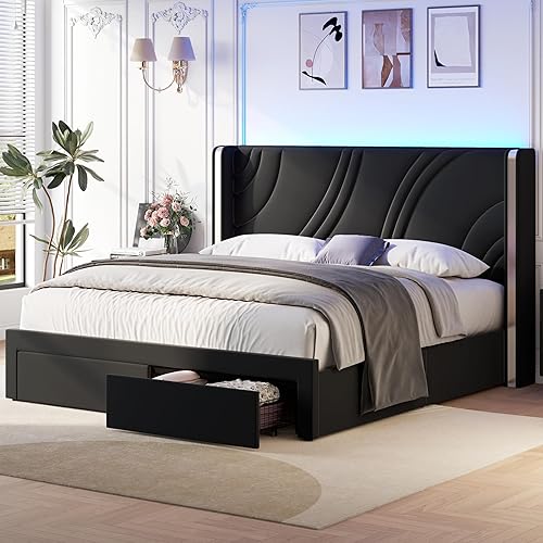 Miniatura 10 de VilroCaz Cama tapizada tamaño Queen con cabecera con respaldo alado base de colchón de plataforma de terciopelo con 1 cajón grande y 2 taburetes de