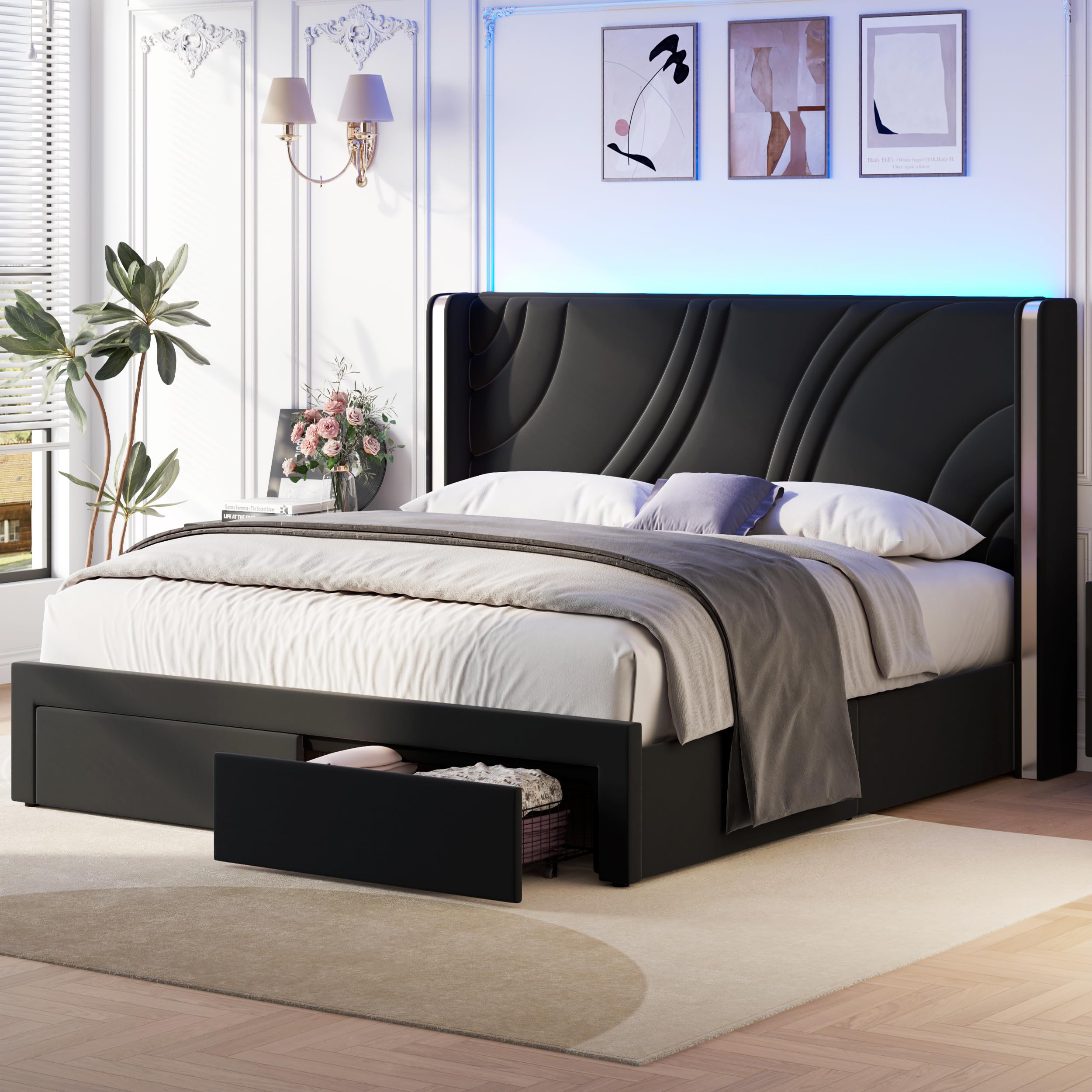 SOFTSEA Queen Size LED Bed with 2 Storage Drawers, Velvet Upholstered Platform Bed with RGB LED Lights & Wingback Headboard for Bedroom, No Box Spring