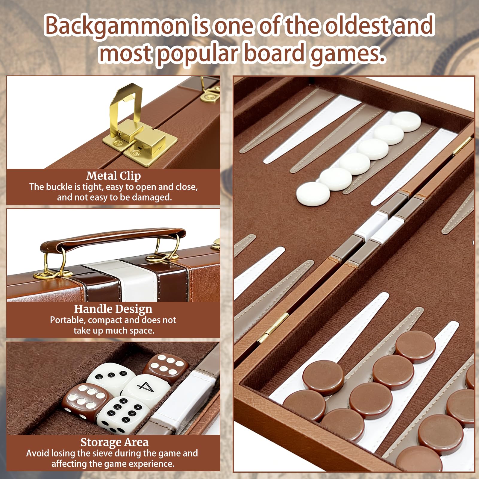 Set di backgammon per adulti, gioco da tavolo classico con custodia pieghevole in pelle per backgammon, set di backgammon in legno per 2 giocatori, gioco da viaggio portatile di lusso
