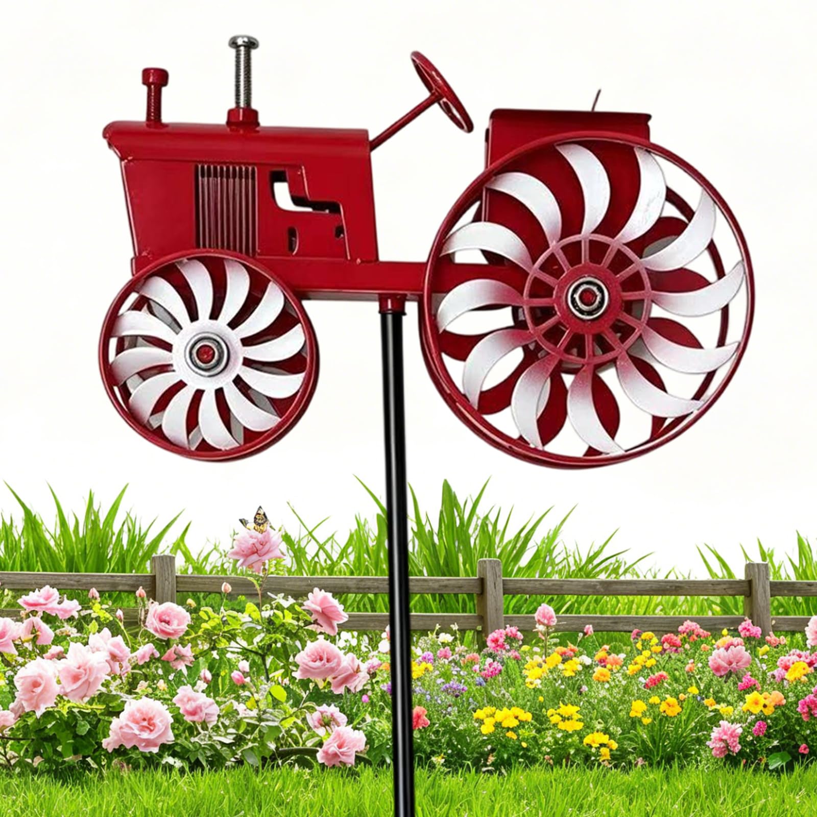 Green Tractor Wind Spinner, Metal Tractor Windmill Stake Decor with Rotating Wheels, Yard Art Wind Sculpture Decor for Patio, Garden, Lawn, Unique Outdoor Sculptures Ornament for Friends Family