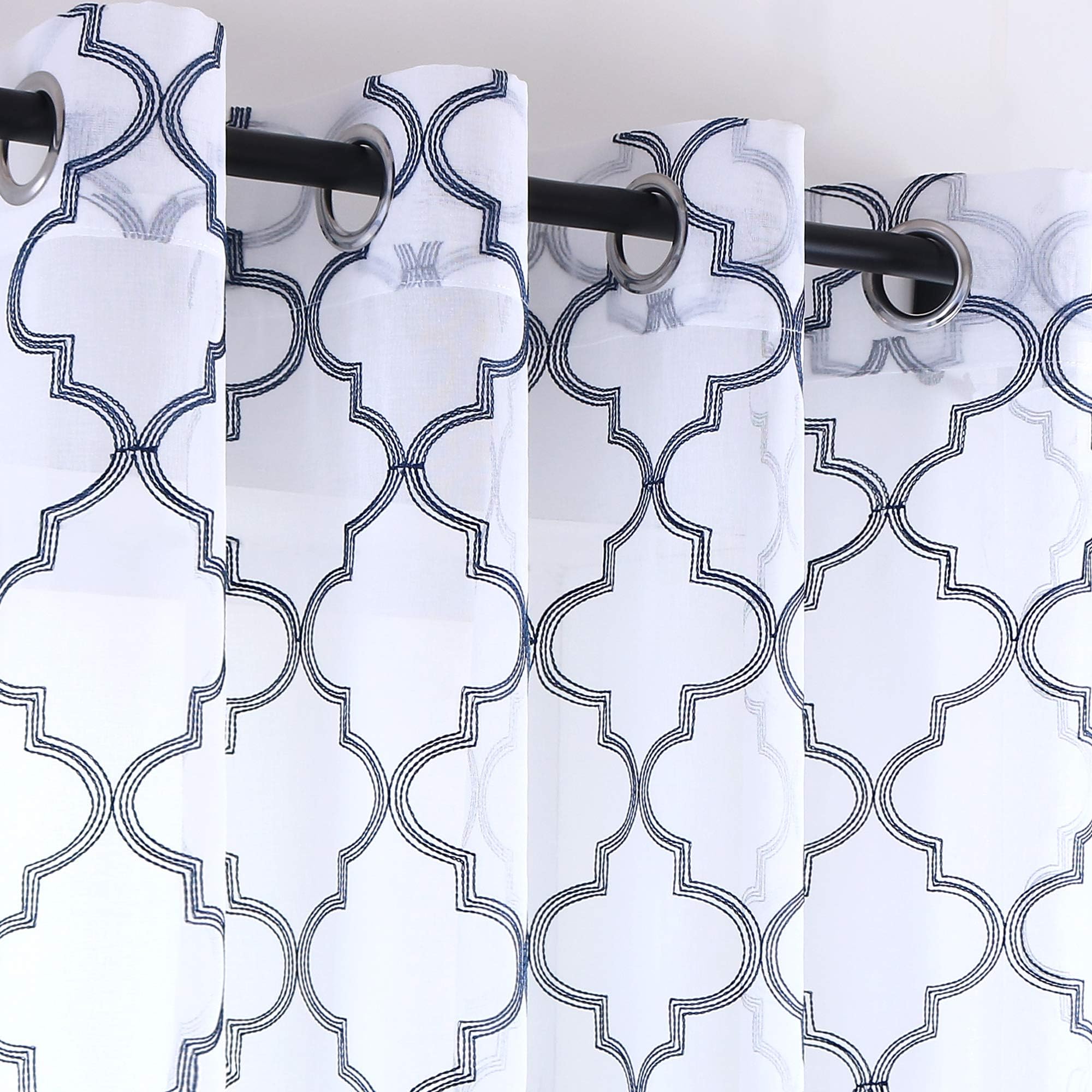 KEQIAOSUOCAI 2 Panels Navy Blue Moroccan Embroidery and White Faux Linen Sheer Curtains for Balcony Elegance Semi Sheer Drapes Draperies 52 Width by 54 Length for Living Room Top Grommet
