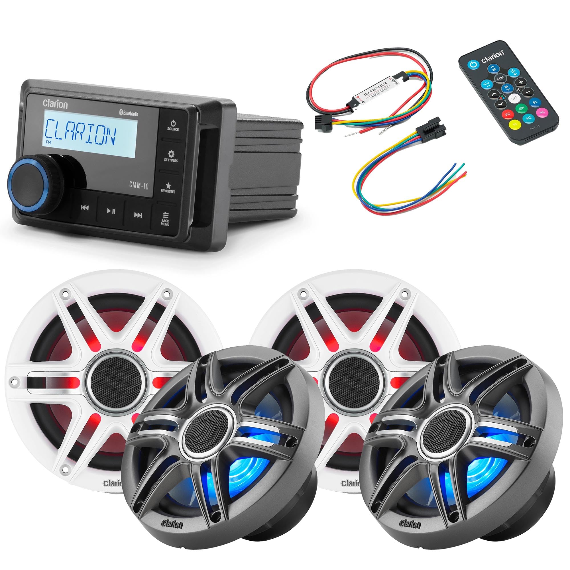Clarion CMM-10 Marine Source Unit with (2) CMSP-651RGB-SWG 6.5-inch Premium Marine Coaxial Speakers, Sport Grilles RGB LED & Lighting Remote