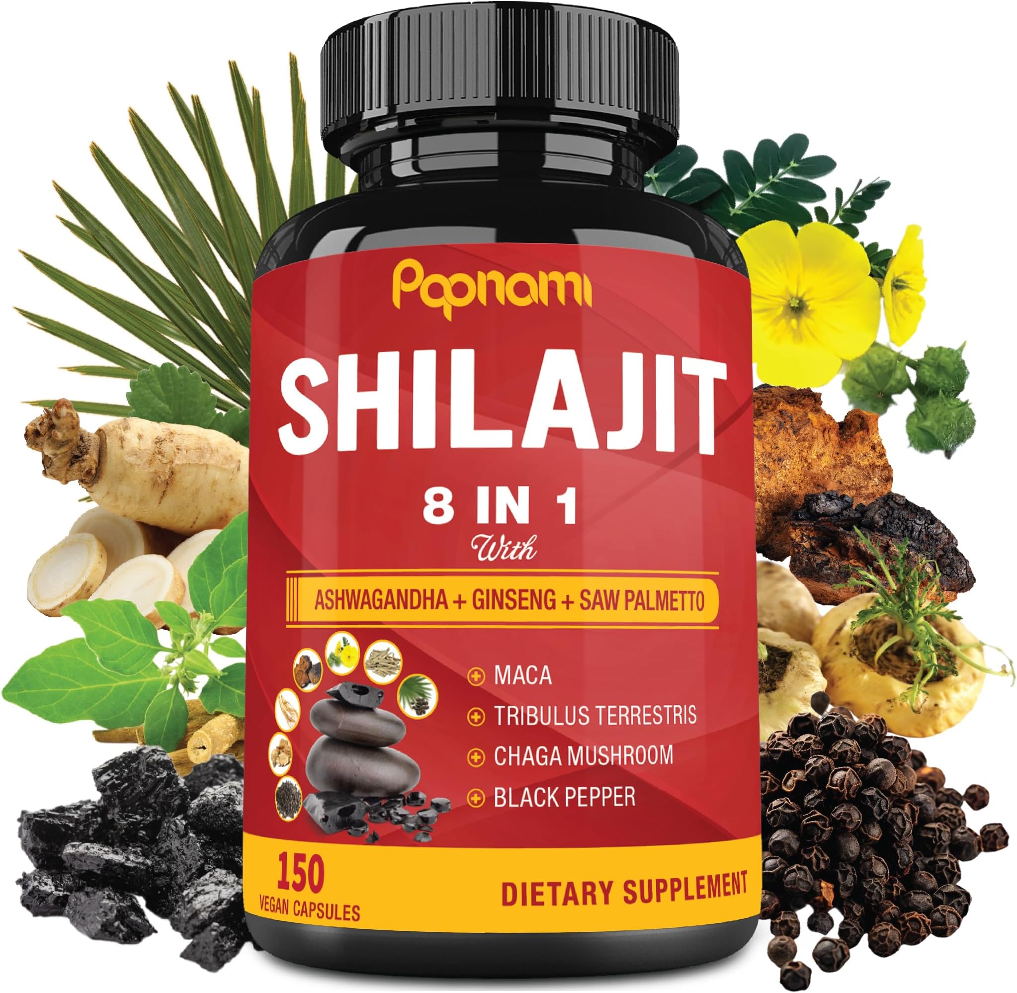 Shilajit Himalayan Supplement for Men & Women - 150 Capsules Combined Ashwagandha, Ginseng, Saw Palmetto, Maca, Tribulus, Chaga & Black Pepper