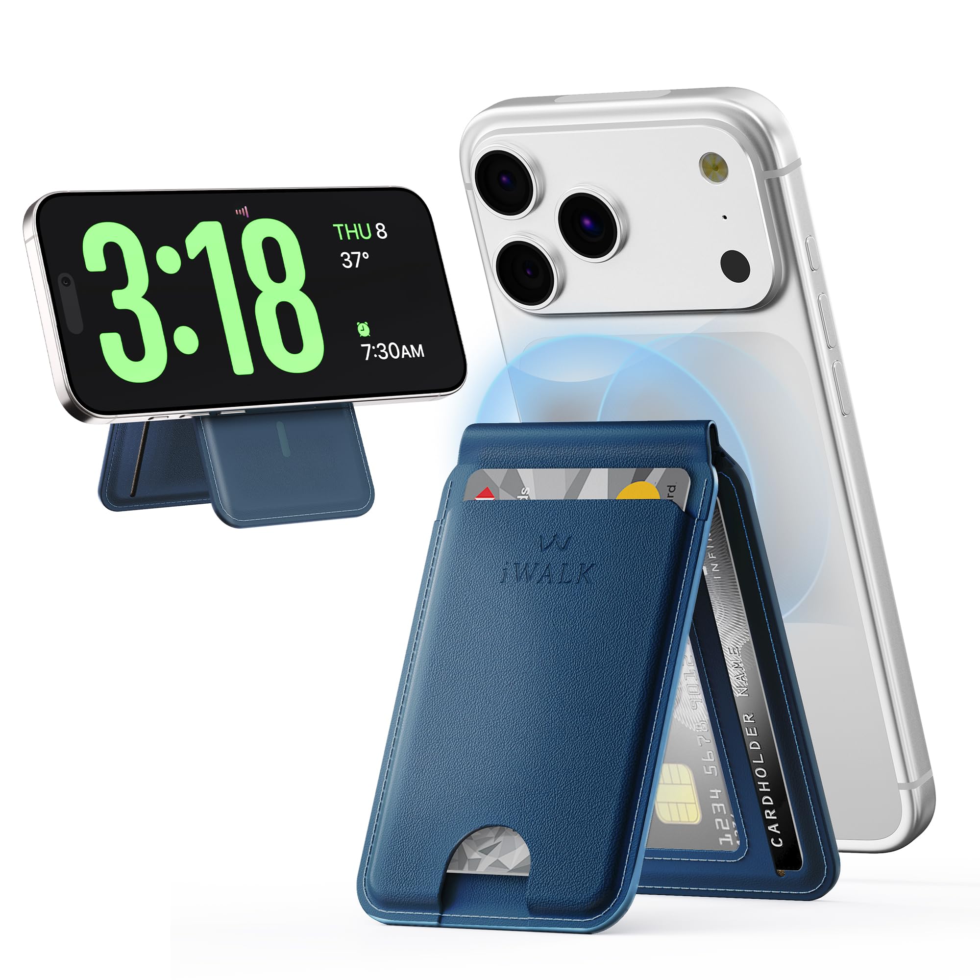 iWALK Stronger Magnetic Wallet, Upgraded for MagSafe Wallet, RFID Blocking, 5 Card Holder with Adjustable Stand, Slim Leather Phone Wallets for iPhone 16/15/14/13/12 Series, iPhone Wallets Navy Blue