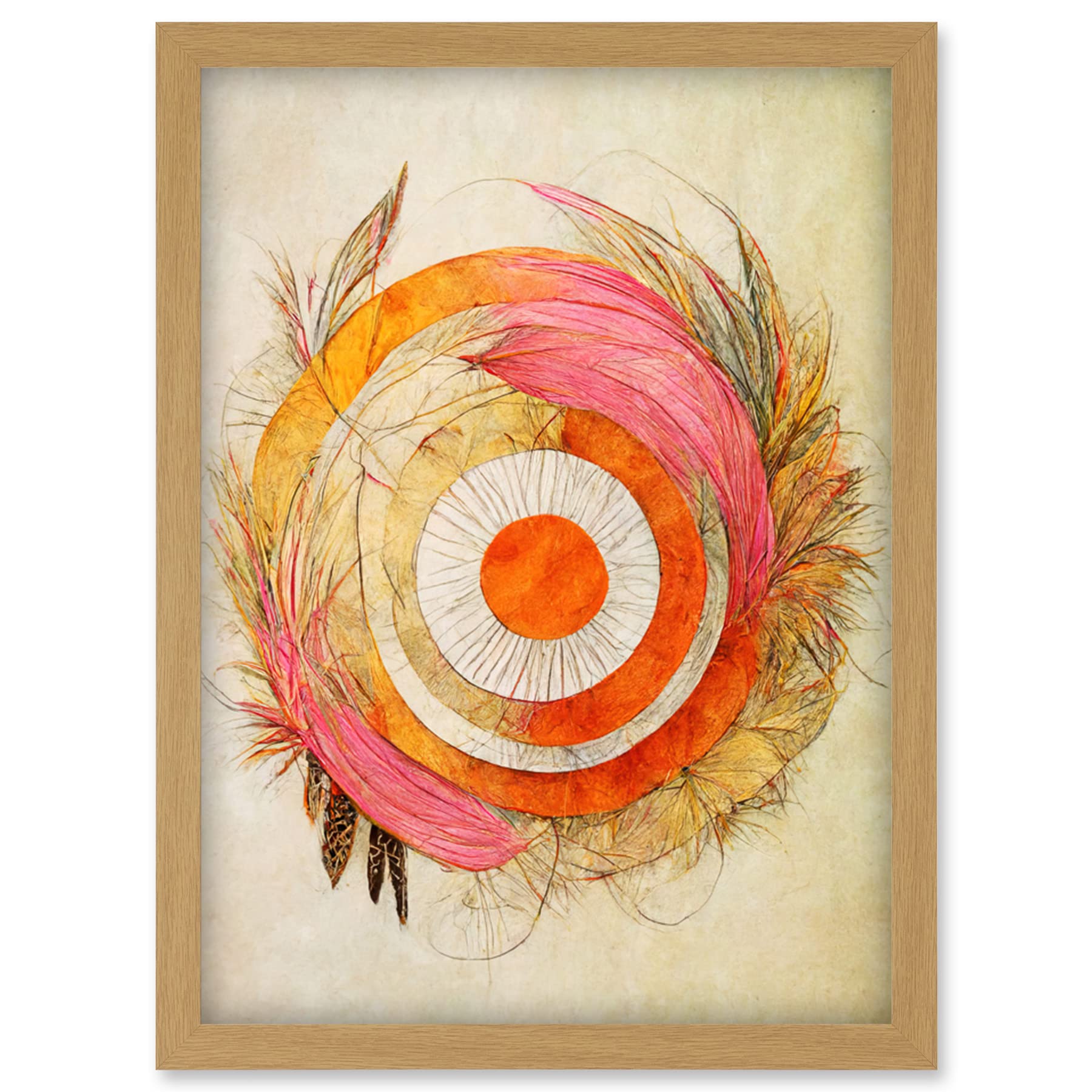 Doppelganger33 LTD Abstract Dreamcatcher With Feathers In Soft Pastel Palette Artwork Framed Wall Art Print A4