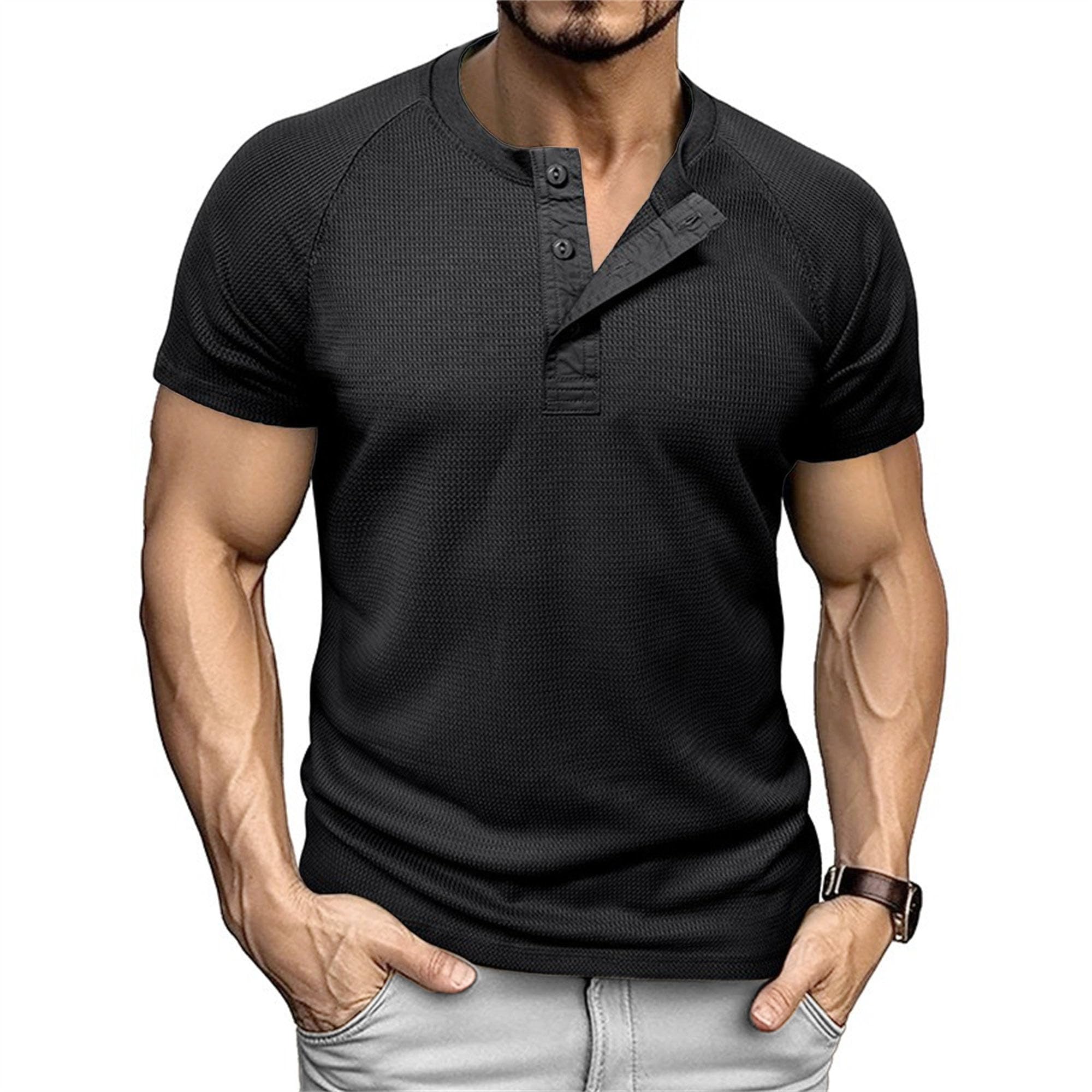 Men Quarter Button Waffle Henry Shirts Round Collar T Shirt for Business Work Summer Loose Trendy Pullover Tops (Black,Large)