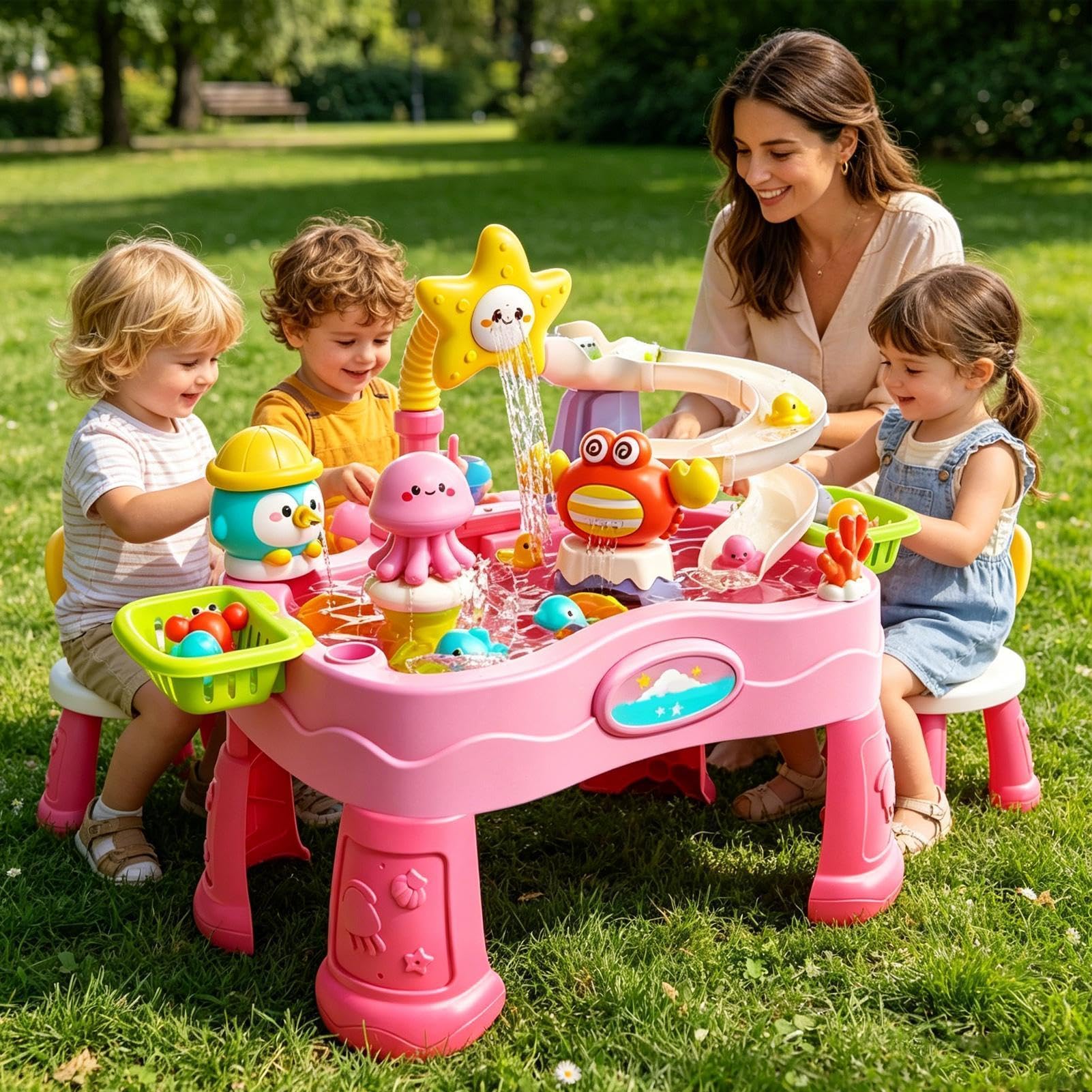 Wasser Aktivitätstisch Farbenfroh tragbar verstellbar Sommer Spielzeug | Outdoor Wasser Tisch Sensorik Spielset Garten Hof Rasen Terrasse Balkon Pool Wiese Hinterhof