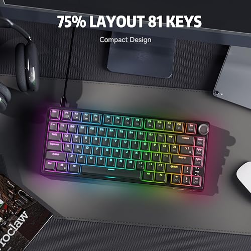 Miniatura 2 de RK ROYAL KLUDGE R75 Teclado mecánico con cable para juegos, 75% teclado mecánico intercambiable en caliente, perilla de volumen de teclado mecánico,