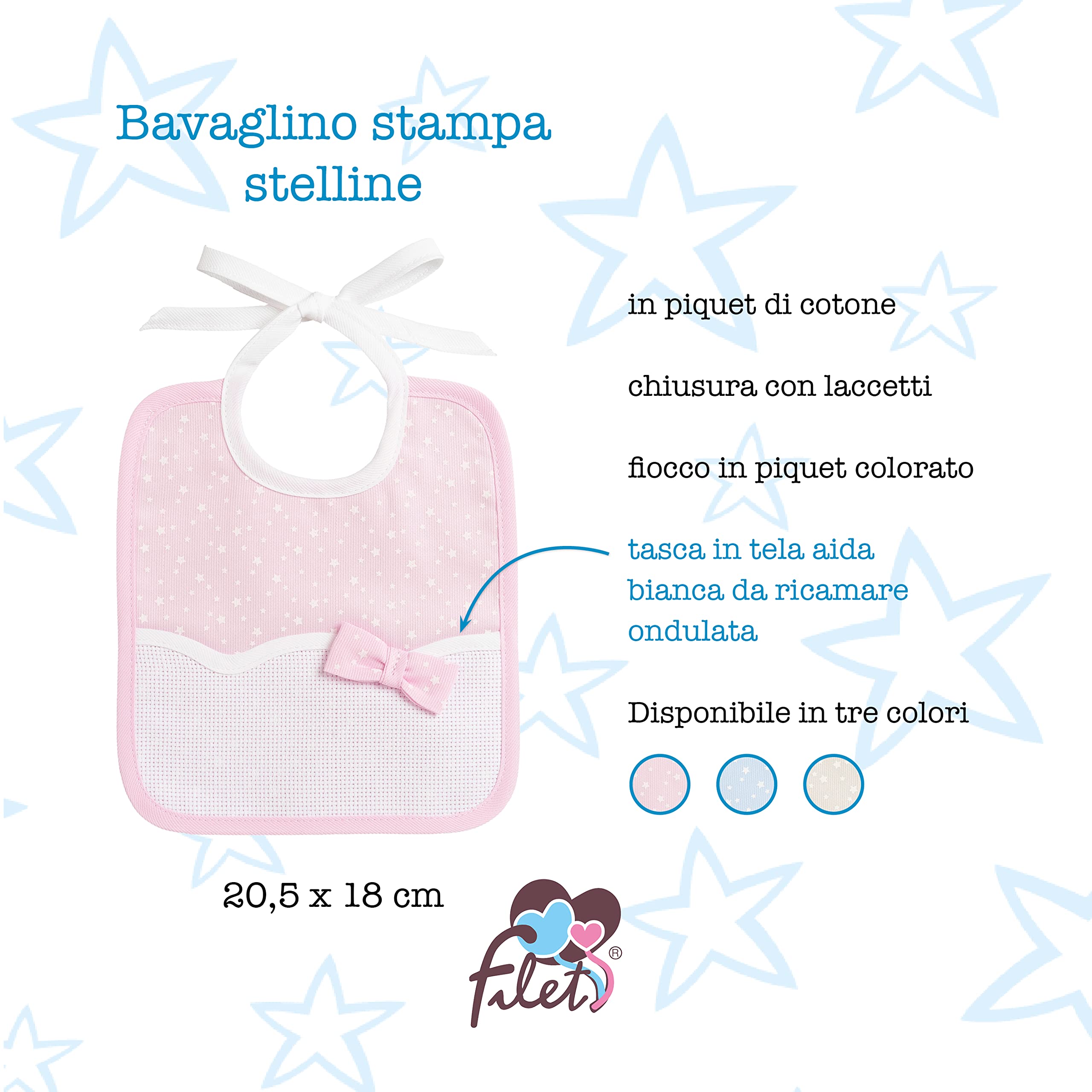 Bavaglino neonato in Piquet di Cotone con stampa Stelline Rosa e Bianco 100% Made in Italy