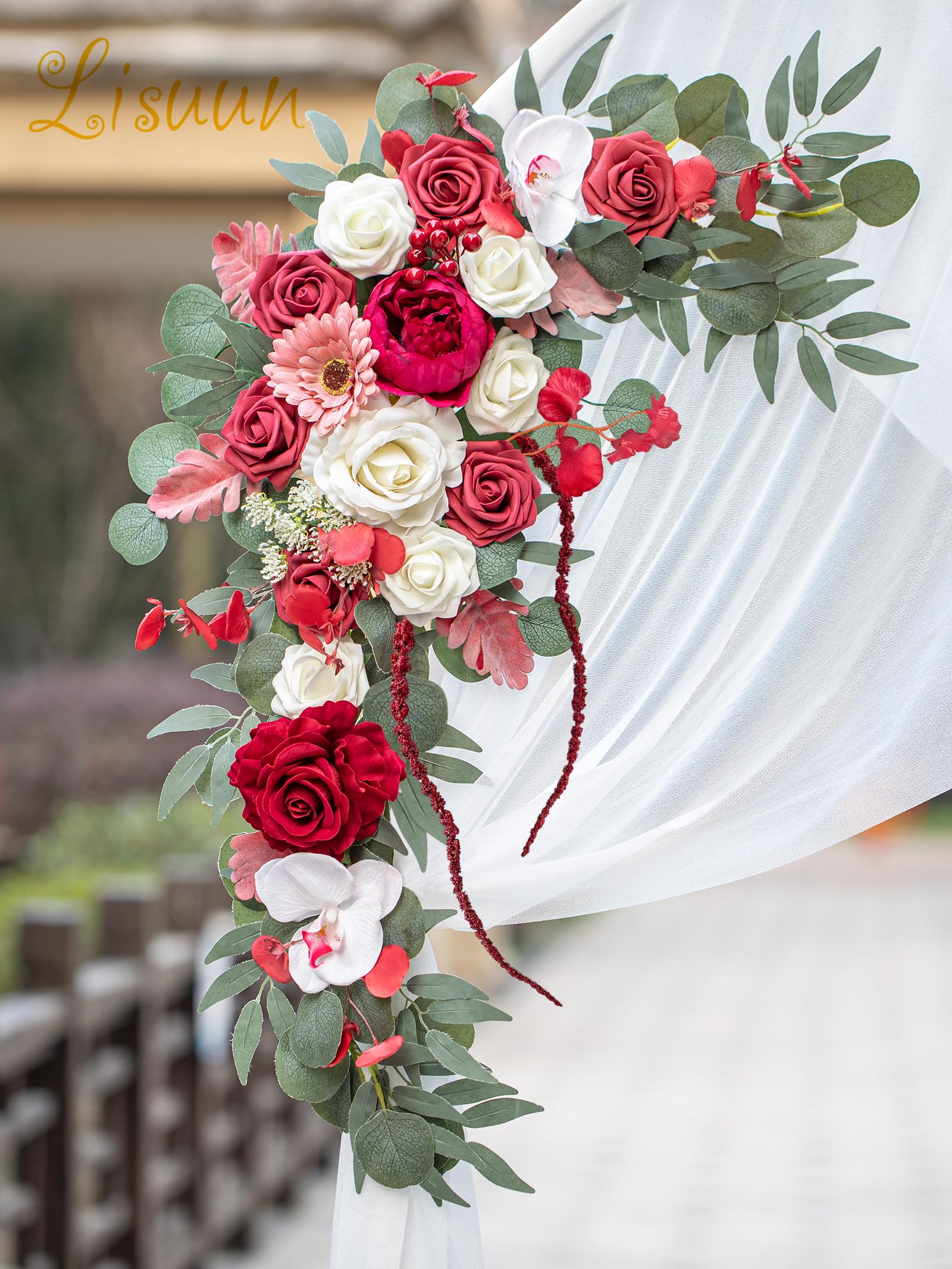 Lisuun Hochzeitsbogen Blumen, künstliche Blumen zur Dekoration, 2 Stück Blumenstränder und 1 Stück halbtransparenter Chiffon-Tischläufer, Hochzeitszeremonie, Blumendekor – 3 Stück