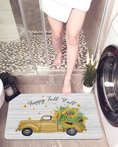 Bath Mat,Thanksgiving Happy Fall Y'all Retro Yellow Truck Sunflower Maple Leaves Wooden Thin Mat Bathroom Quick Dry Rug Entrance Non Slip Rubber disponible en Yaxa Peru