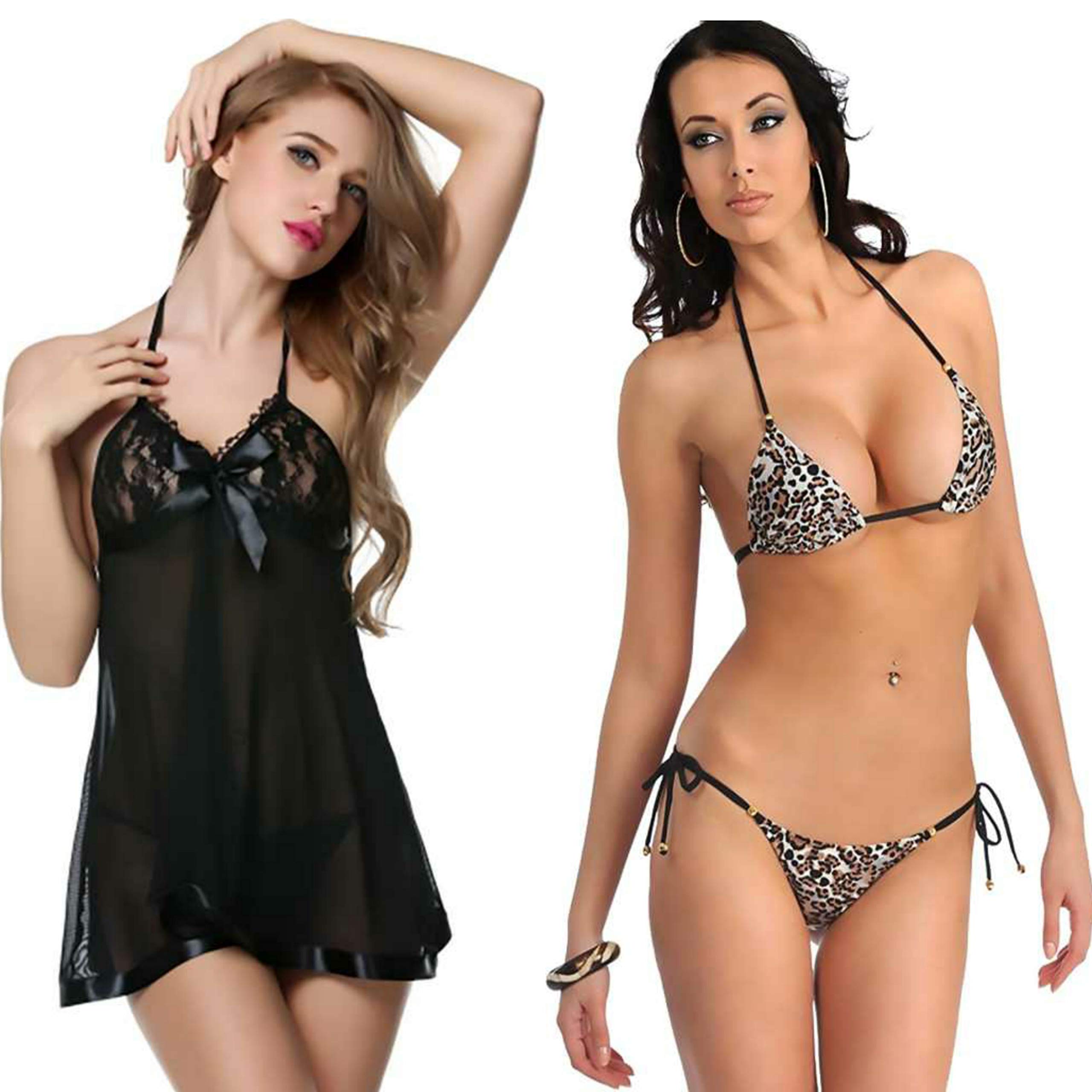 FLUTEWomen's Baby Doll Nightwear Lace Bra Panty Lingerie Set Combo Pack,Free Size